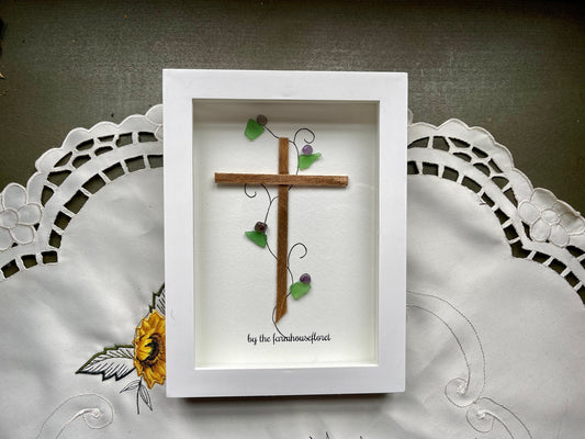 Sea Glass Pebble Art, Pebble Art Cross, Gift for Her, Religious Gift, Seaglass Picture, Blessings