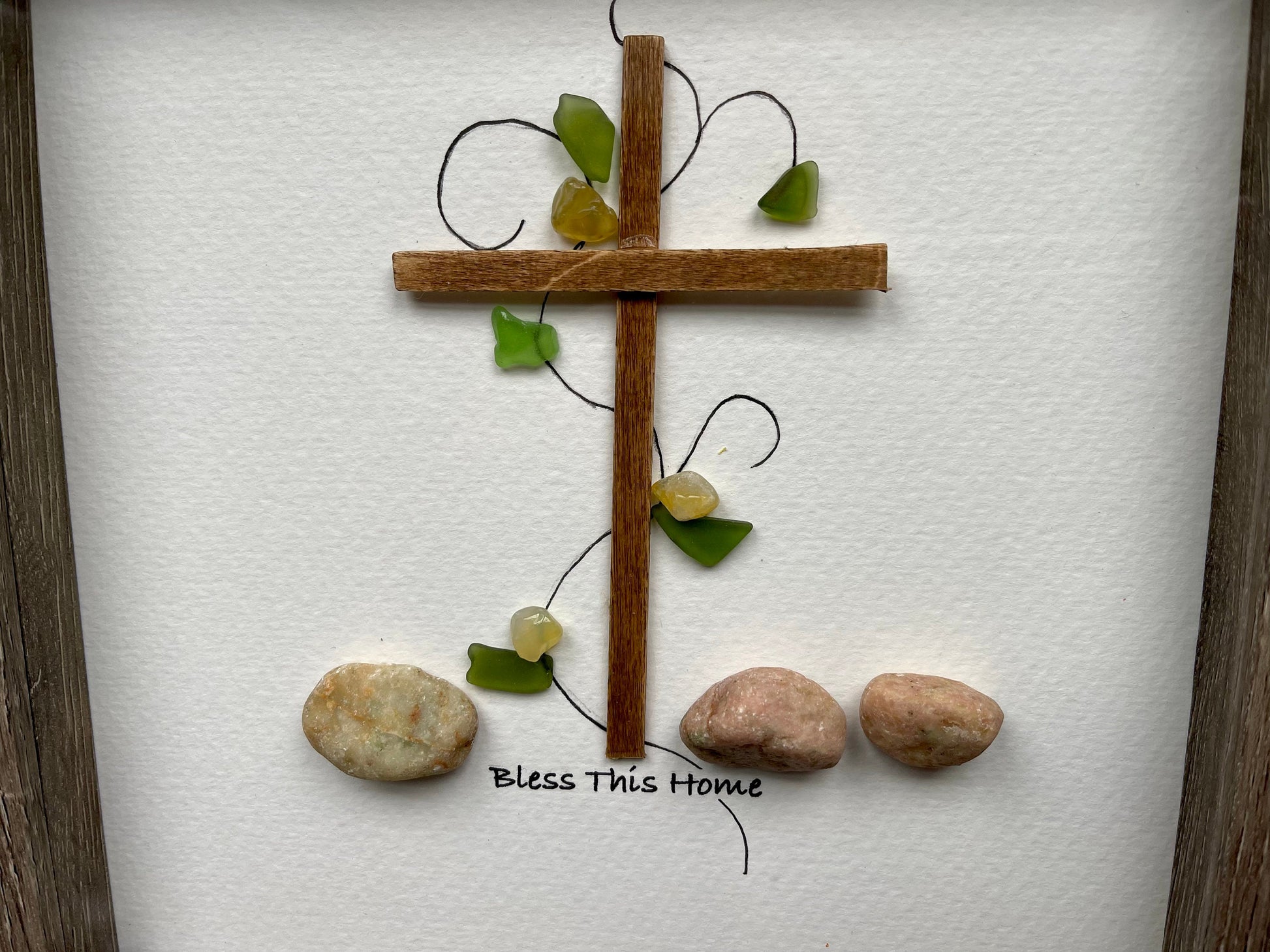 Sea Glass Pebble Art, Pebble Art Cross, Gift for Her, Religious Gift, Seaglass Picture, Bless This Home