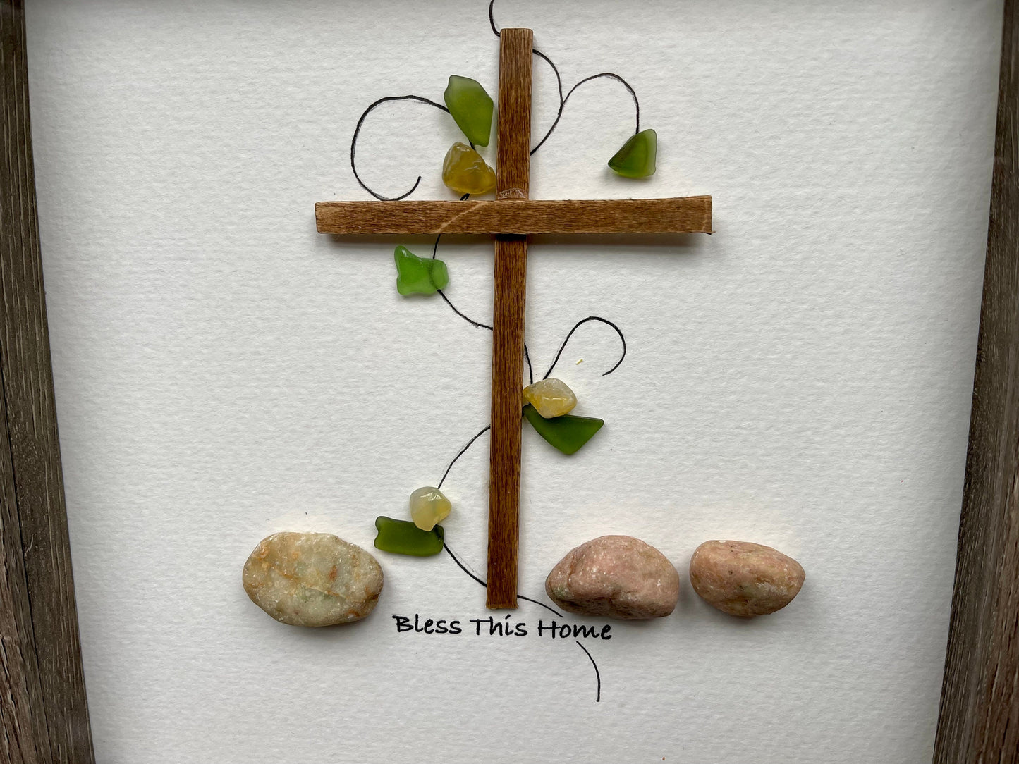 Sea Glass Pebble Art, Pebble Art Cross, Gift for Her, Religious Gift, Seaglass Picture, Bless This Home