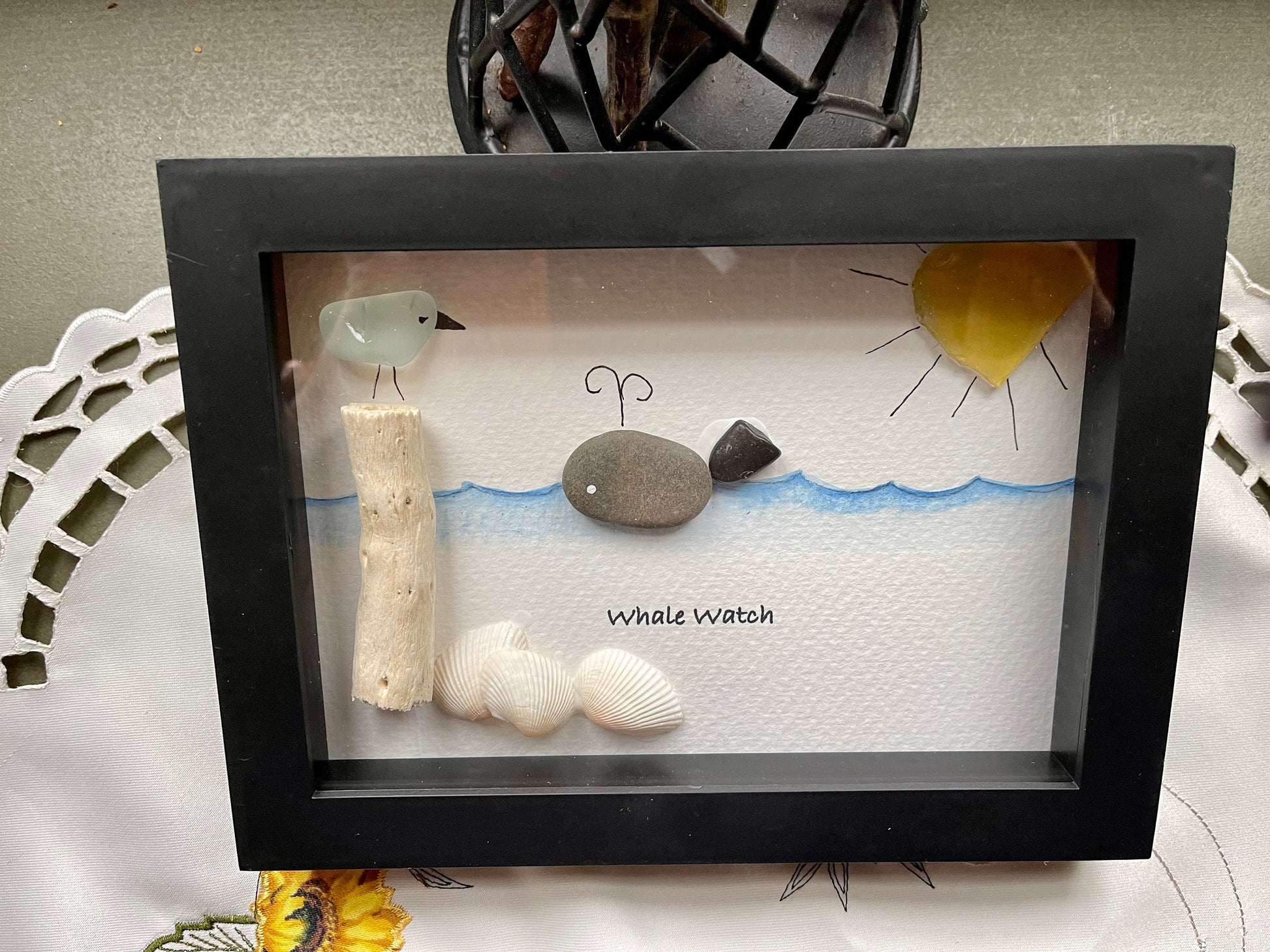 Sea Glass Pebble Art, Pebble Art Whale, Gift for Her, Friendship Gift, Seaglass Picture, Coastal Decor