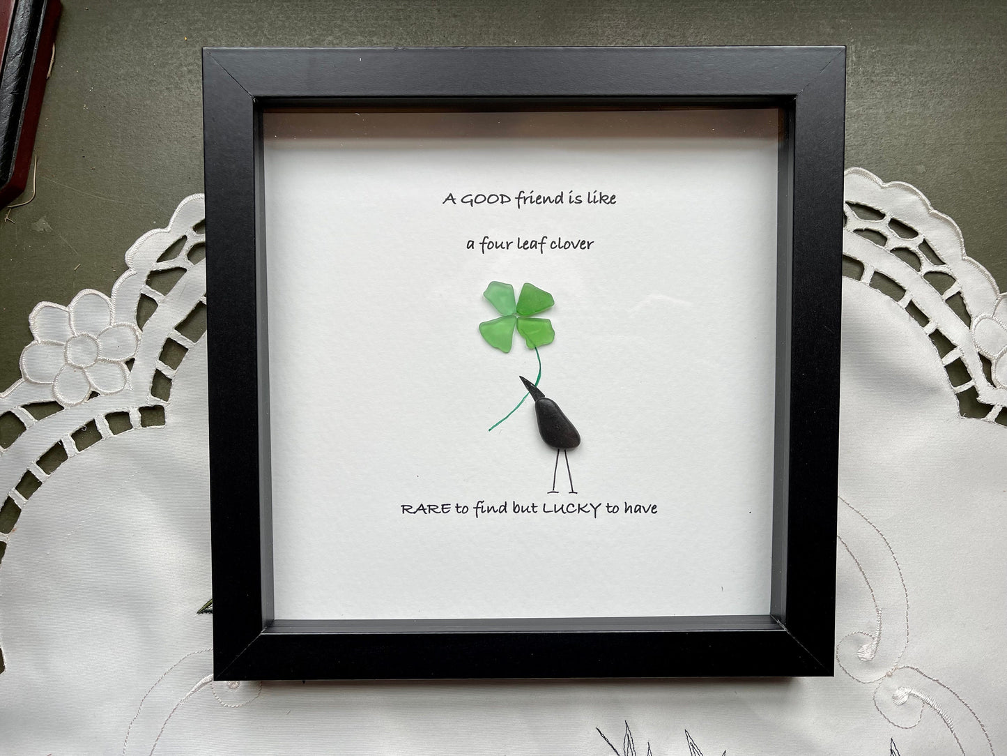 Sea Glass Pebble Art, Pebble Art Four Leaf Clover, Gift for Friend, Friendship Gift, Seaglass Picture, Irish Clover Gift