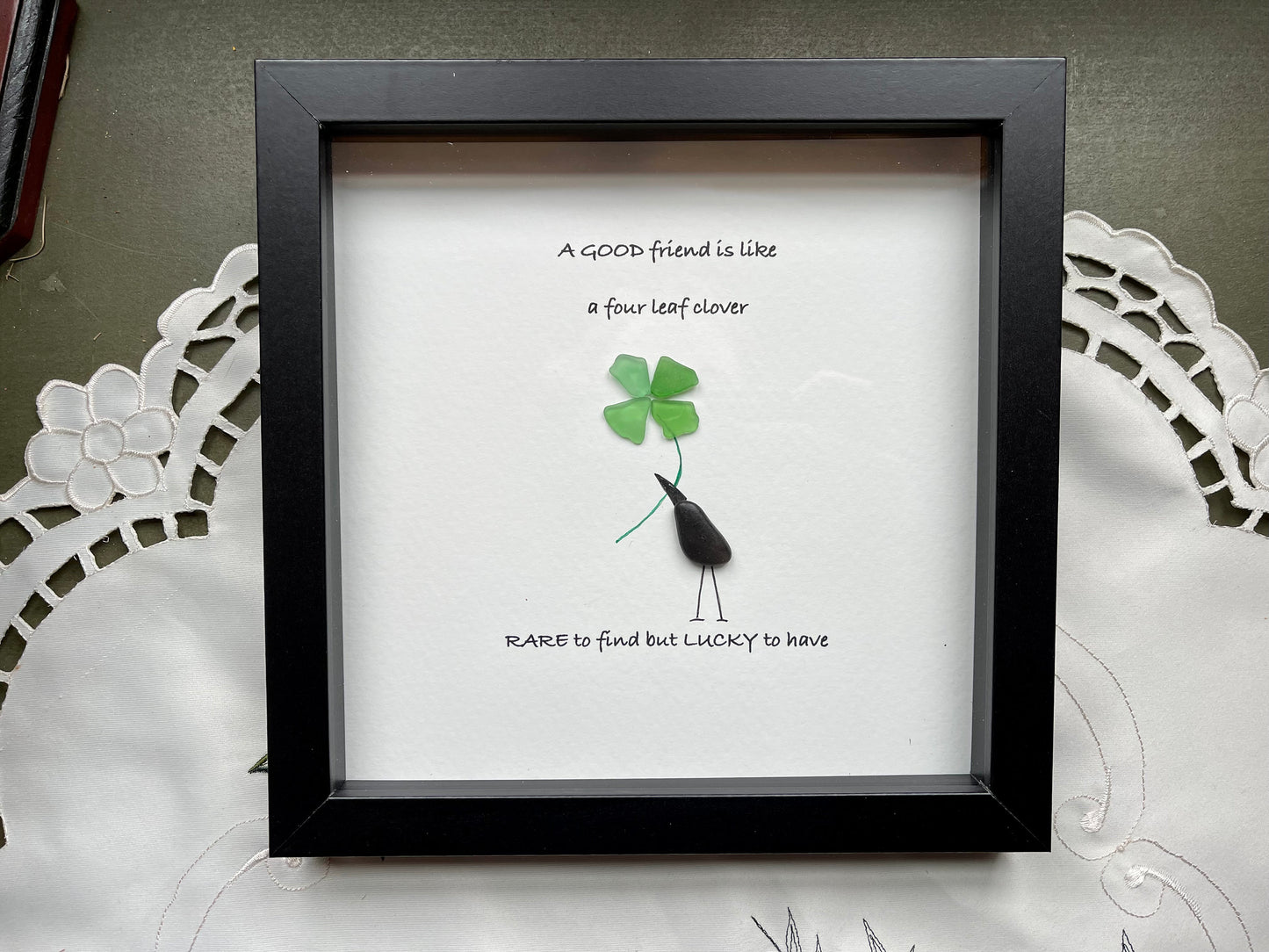 Sea Glass Pebble Art, Pebble Art Four Leaf Clover, Gift for Friend, Friendship Gift, Seaglass Picture, Irish Clover Gift