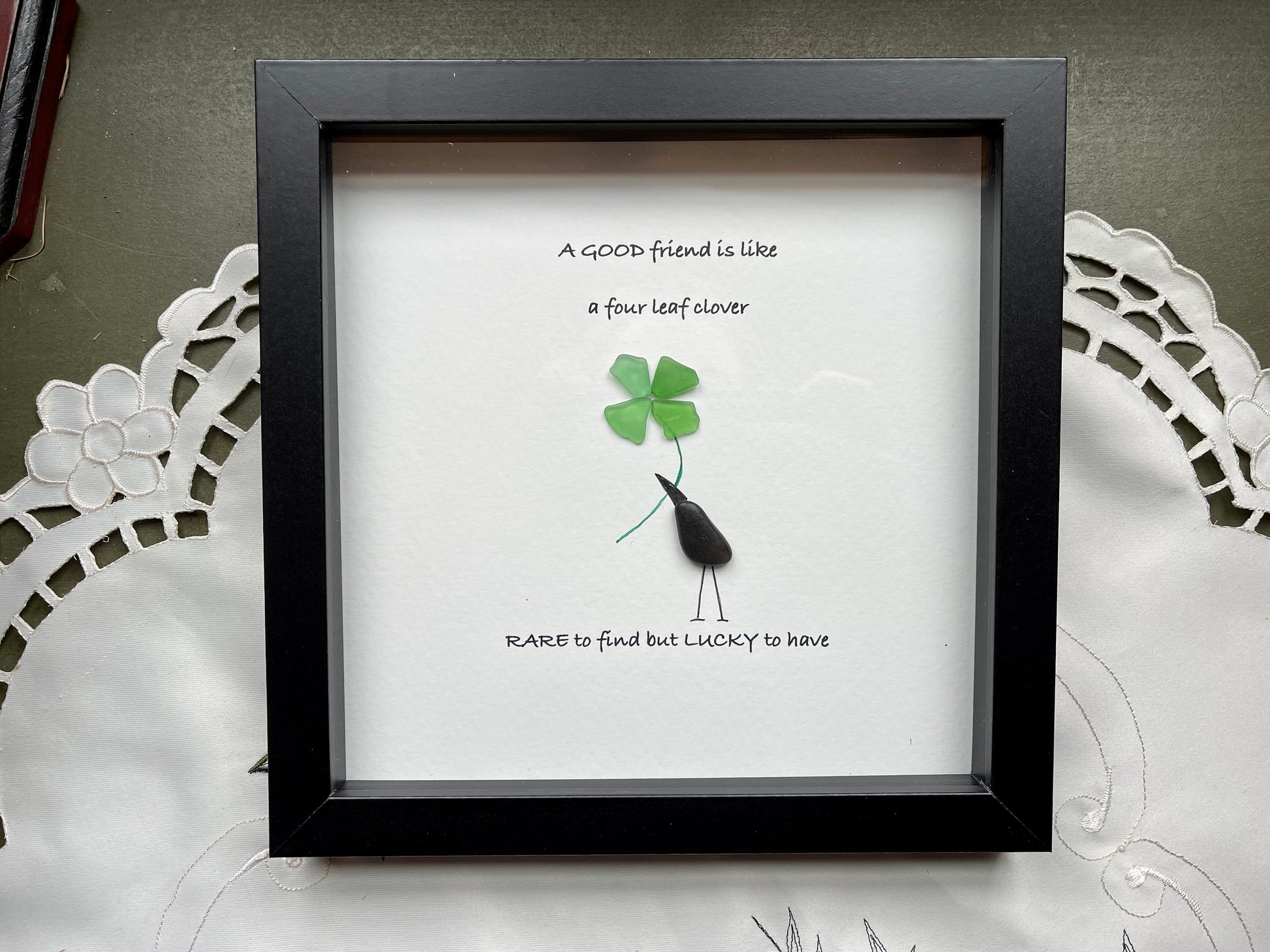 Sea Glass Pebble Art, Pebble Art Four Leaf Clover, Gift for Friend, Friendship Gift, Seaglass Picture, Irish Clover Gift