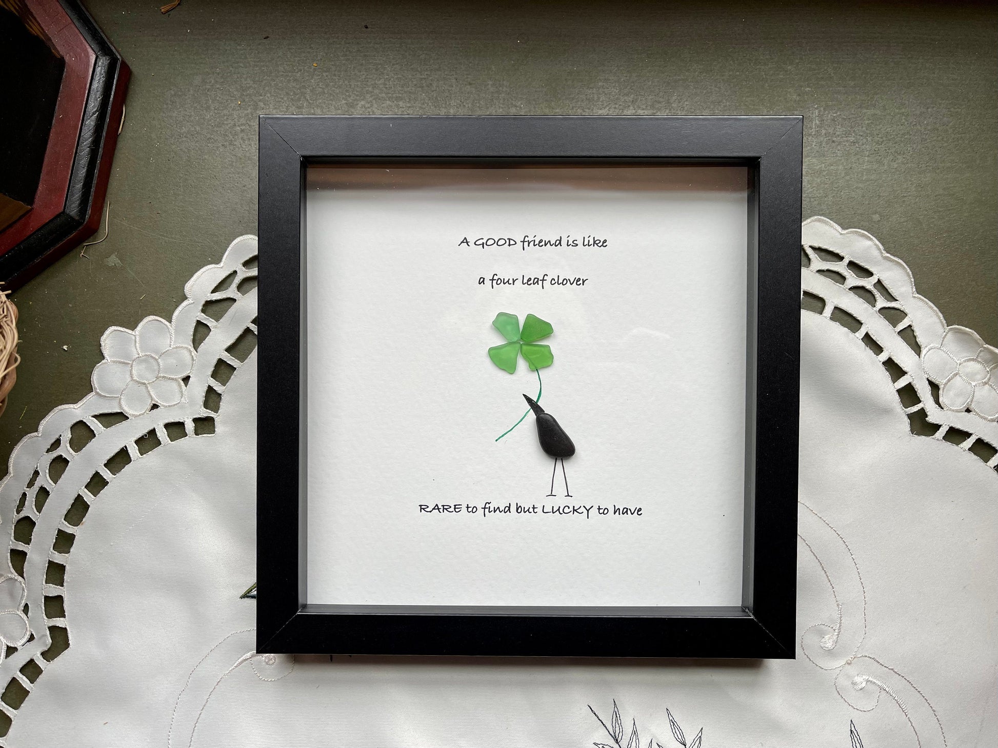 Sea Glass Pebble Art, Pebble Art Four Leaf Clover, Gift for Friend, Friendship Gift, Seaglass Picture, Irish Clover Gift