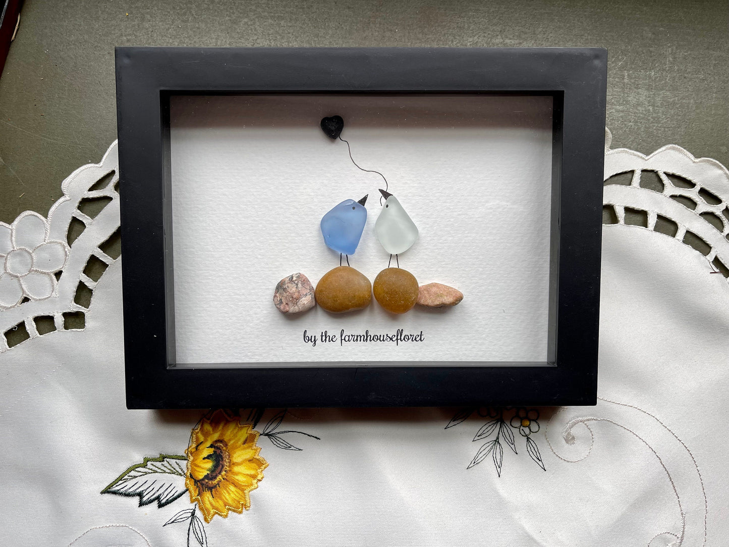 Sea Glass Pebble Art: Love Birds Framed Picture