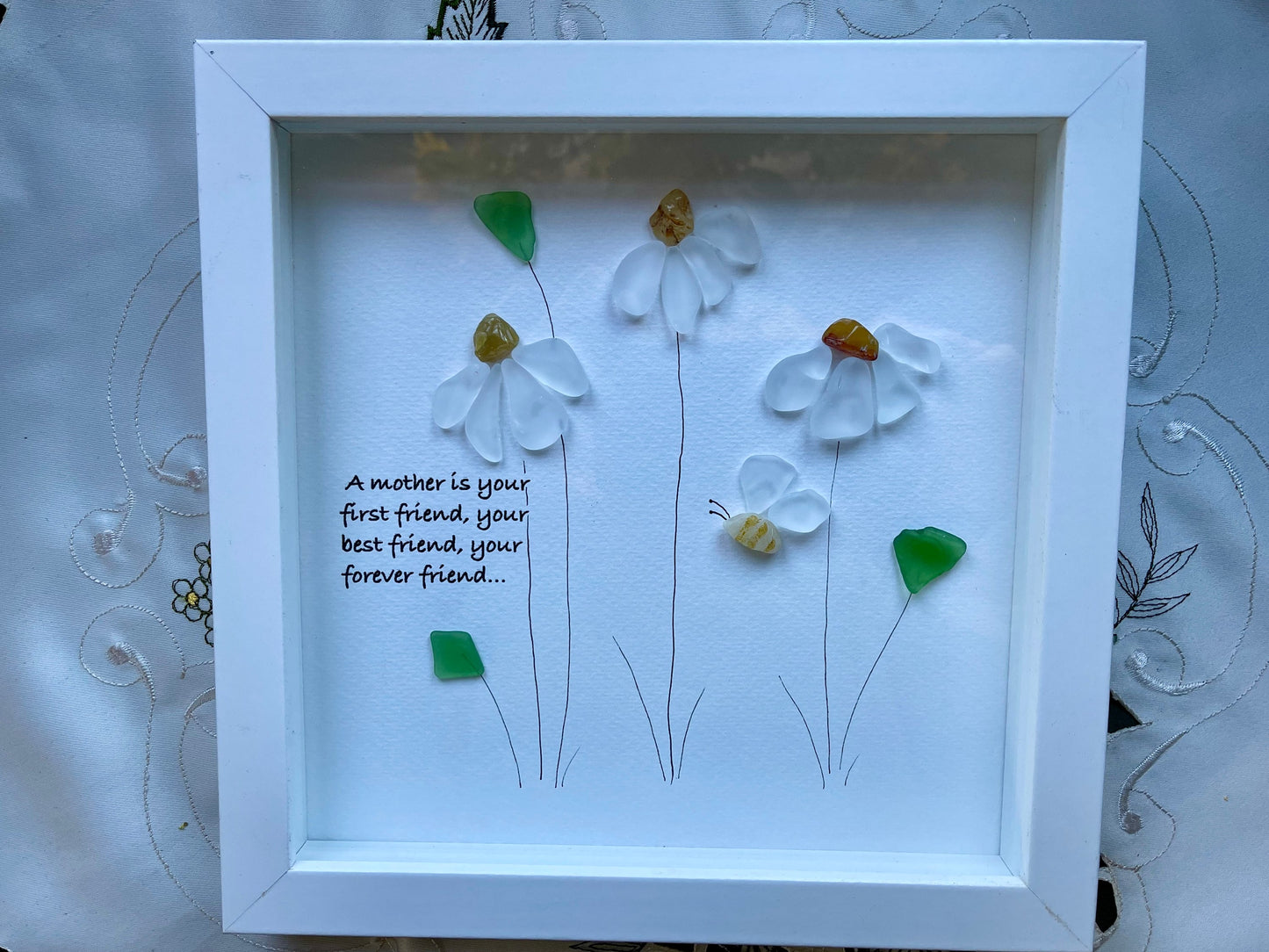 Sea Glass Pebble Art, Pebble Art Flowers, Gift for Mom, Mothers Day Gift, Seaglass Picture, Mother and Friend