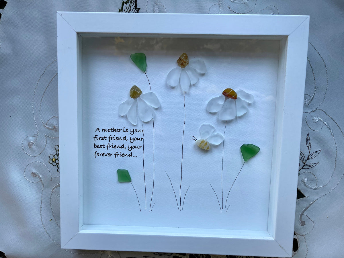 Sea Glass Pebble Art, Pebble Art Flowers, Gift for Mom, Mothers Day Gift, Seaglass Picture, Mother and Friend