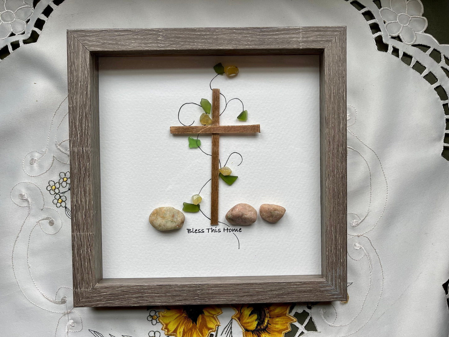 Sea Glass Pebble Art, Pebble Art Cross, Gift for Her, Religious Gift, Seaglass Picture, Bless This Home