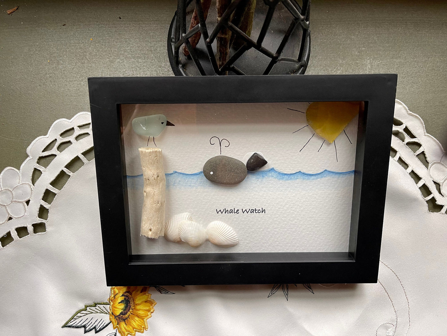 Sea Glass Pebble Art, Pebble Art Whale, Gift for Her, Friendship Gift, Seaglass Picture, Coastal Decor