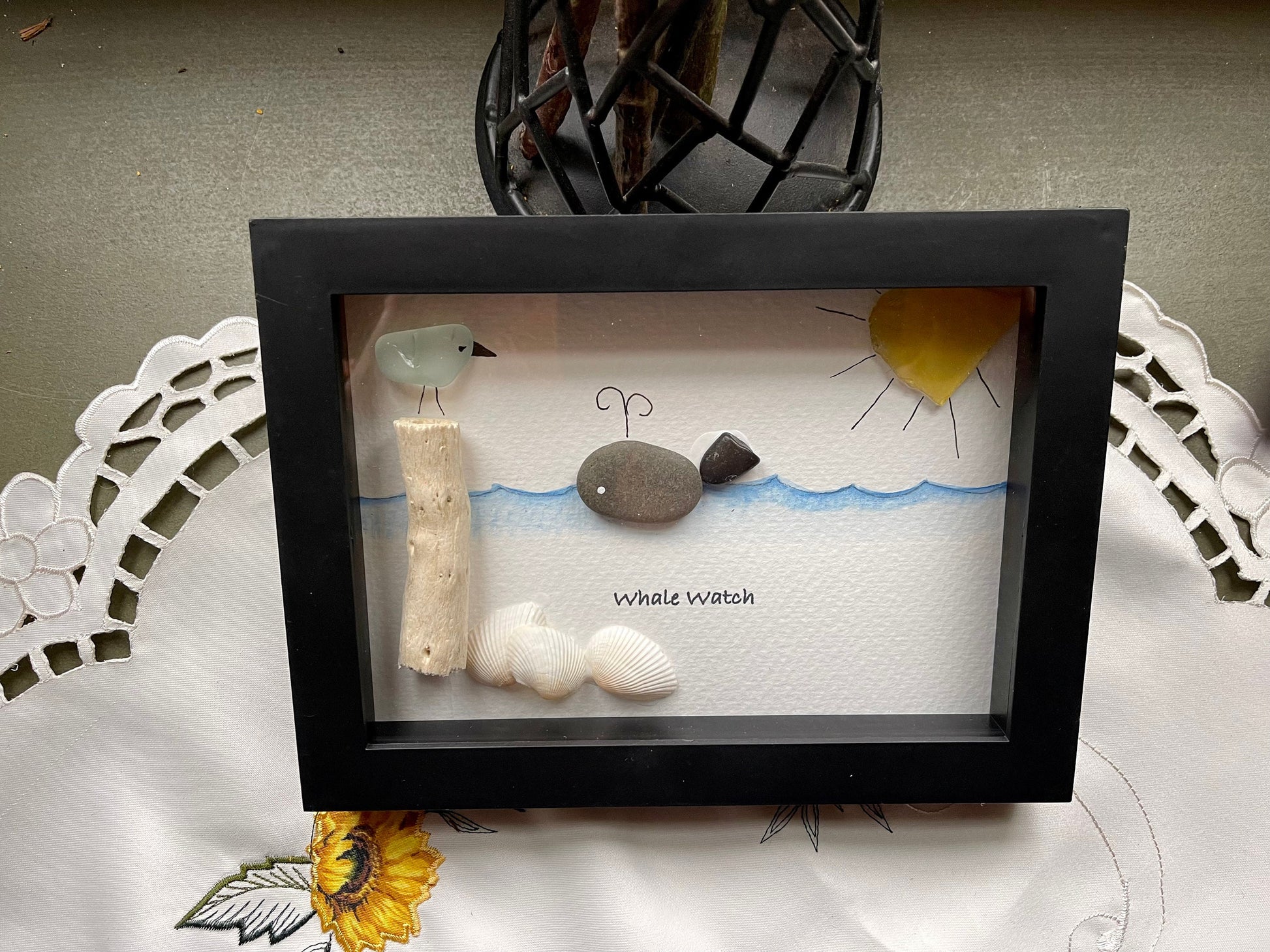Sea Glass Pebble Art, Pebble Art Whale, Gift for Her, Friendship Gift, Seaglass Picture, Coastal Decor