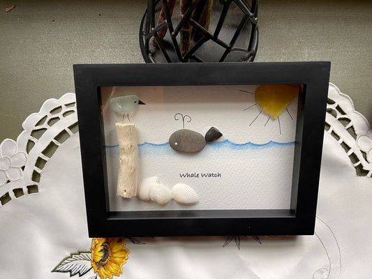 Sea Glass Pebble Art, Pebble Art Whale, Gift for Her, Friendship Gift, Seaglass Picture, Coastal Decor