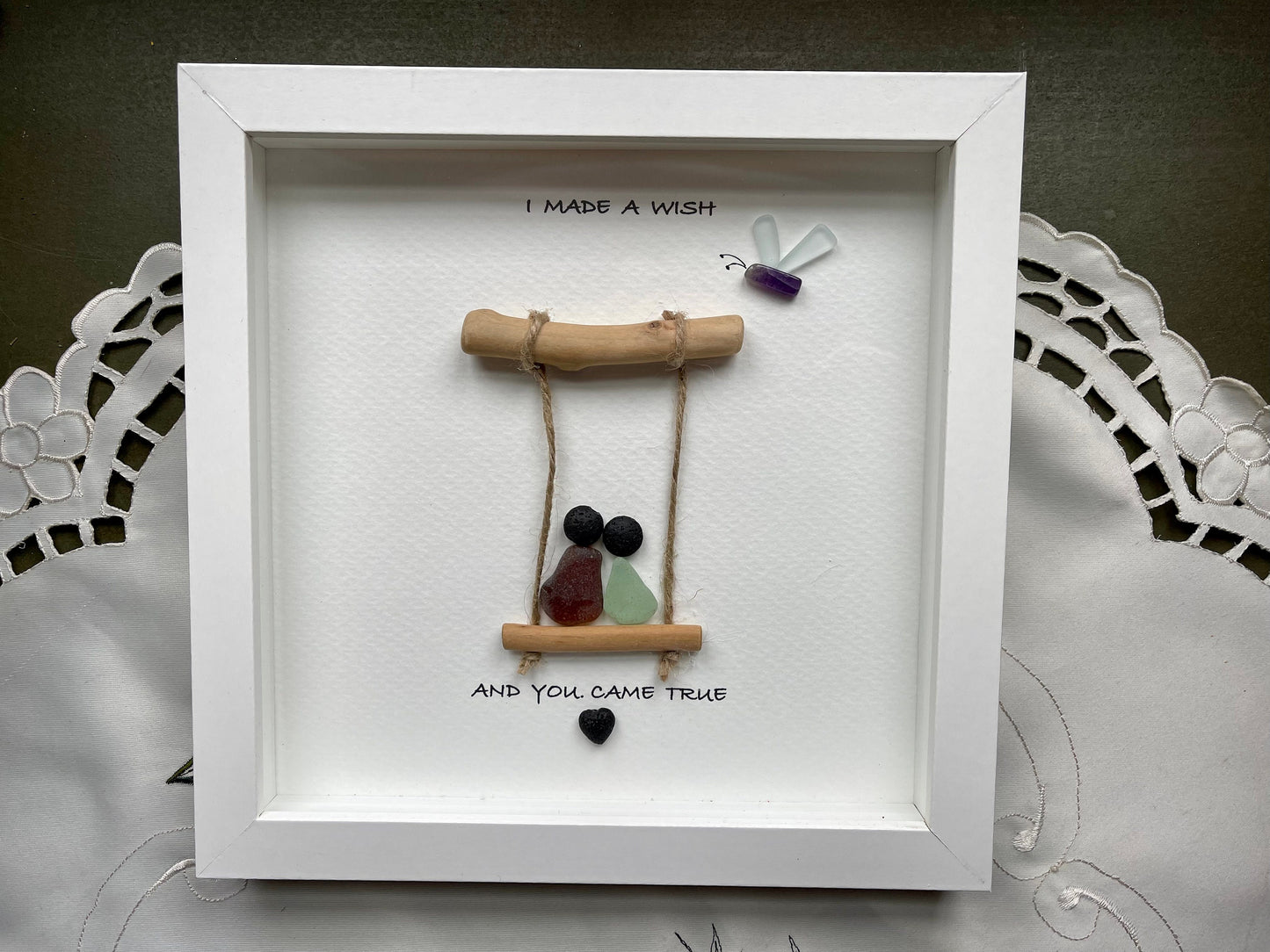 Sea Glass Pebble Art, Pebble Art Couple, Gift for Her, Valentines Day Gift, Seaglass Picture, Made A Wish And You Came True