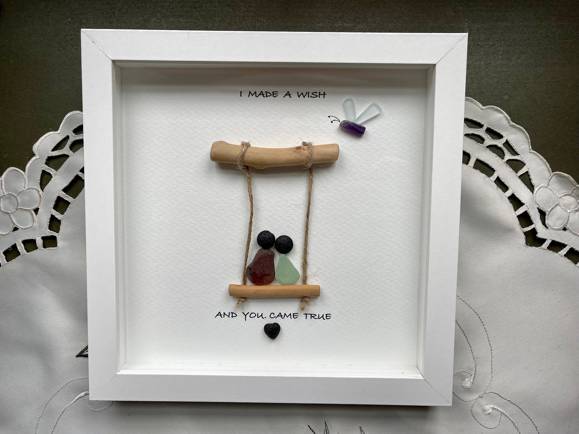 Sea Glass Pebble Art, Pebble Art Couple, Gift for Her, Valentines Day Gift, Seaglass Picture, Made A Wish And You Came True