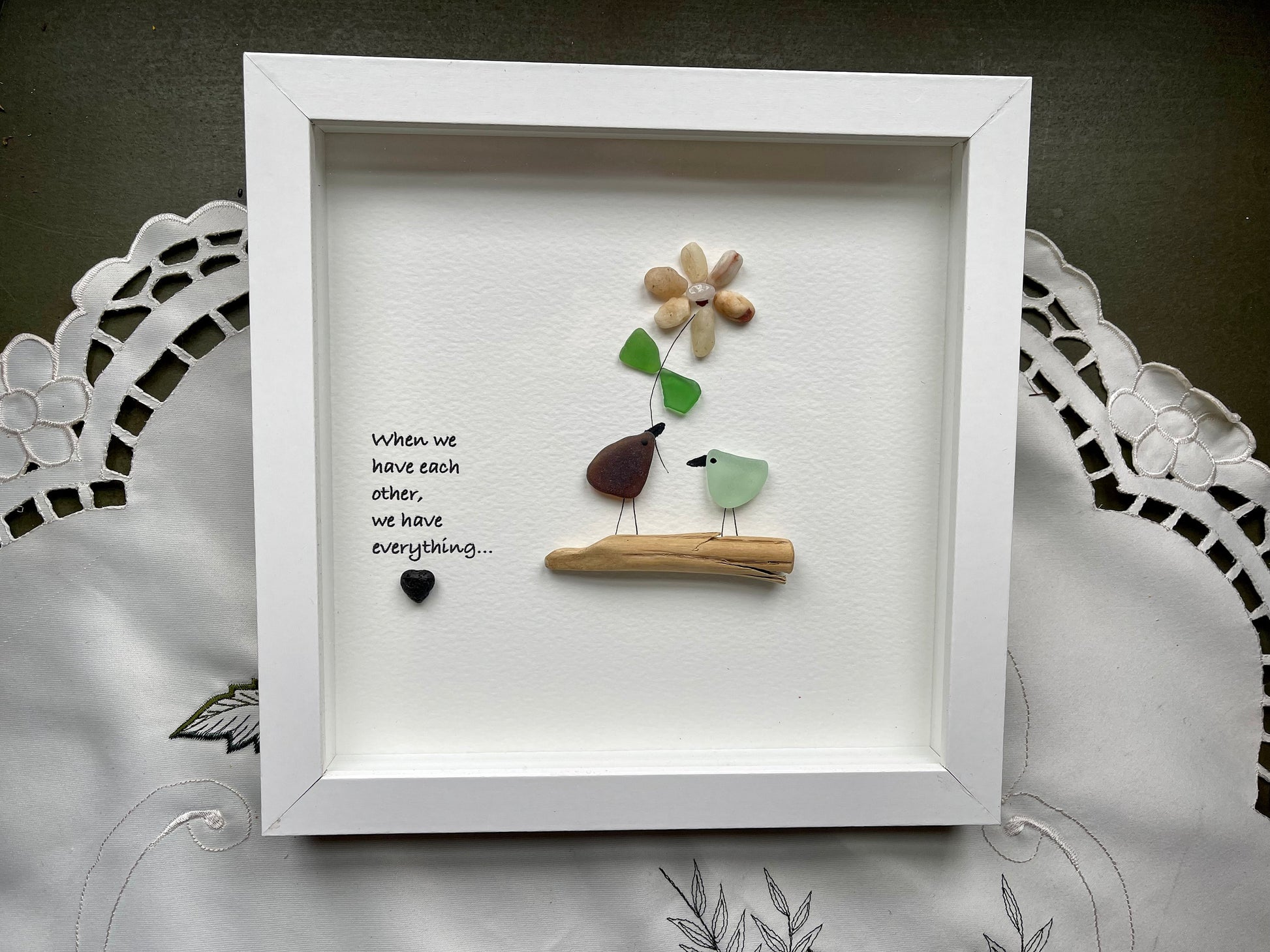 Sea Glass Pebble Art, Pebble Art Love Birds, Gift for Her, Valentines Day Gift, Seaglass Picture, Love