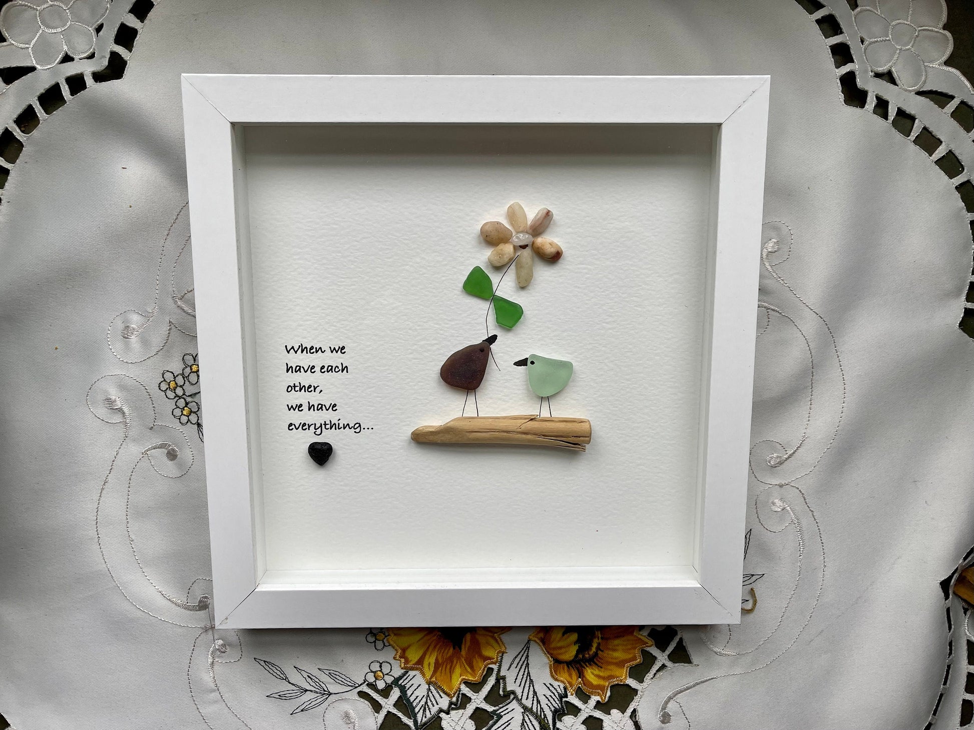 Sea Glass Pebble Art, Pebble Art Love Birds, Gift for Her, Valentines Day Gift, Seaglass Picture, Love