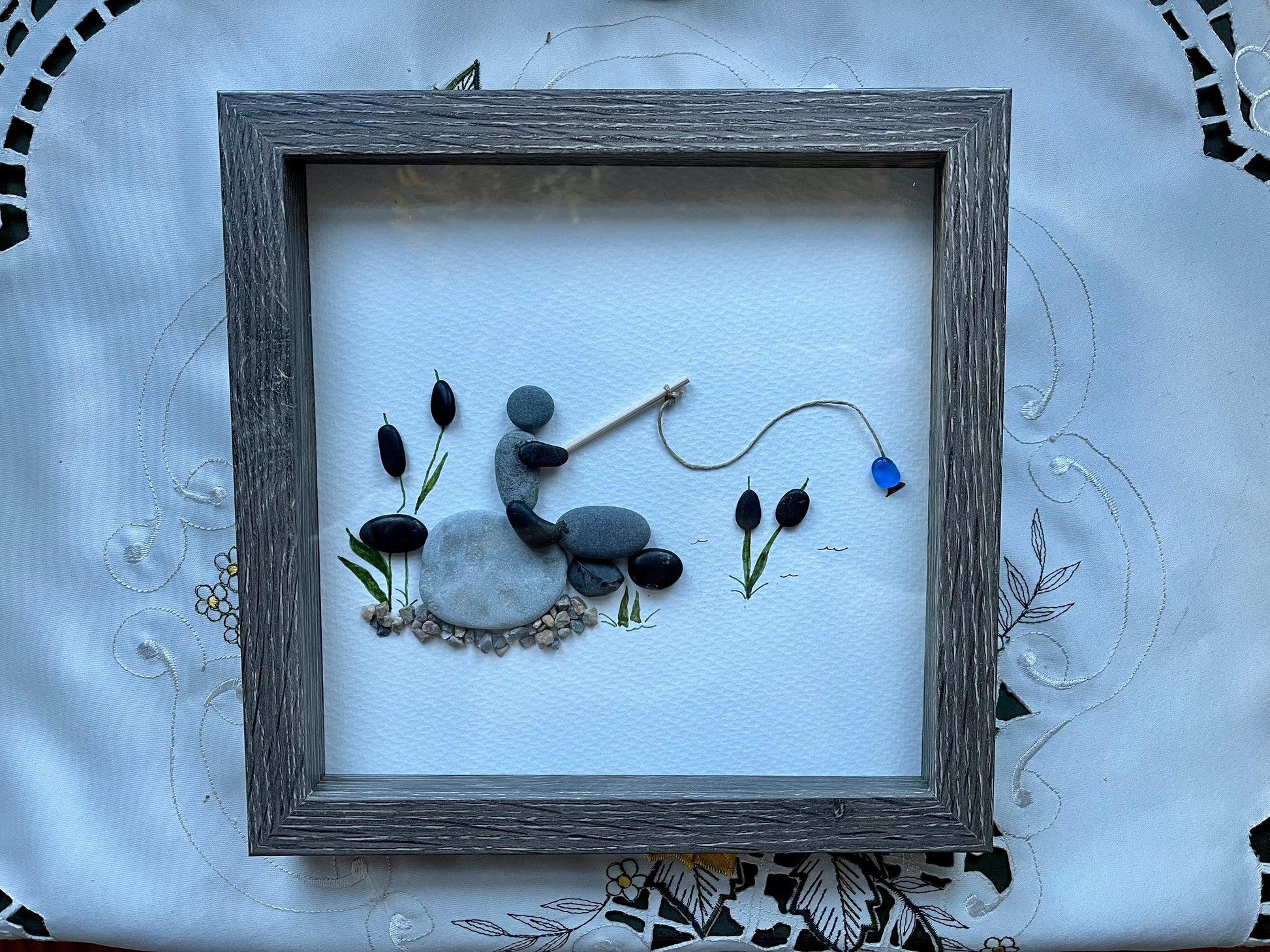 Sea Glass Pebble Art, Pebble Art Fisherman, Gift for Dad, Fathers Day Gift, Seaglass Picture, Gone Fishing