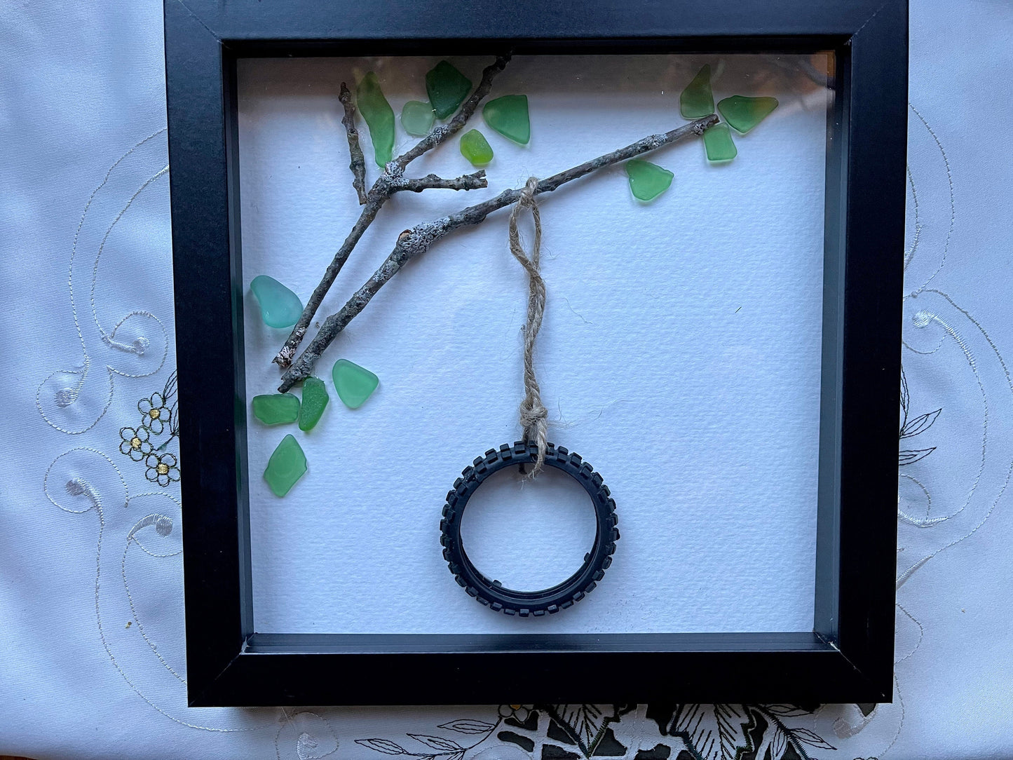 Sea Glass Pebble Art, Pebble Art Rope Swing, Gift for Her, Seaglass Picture, Childhood