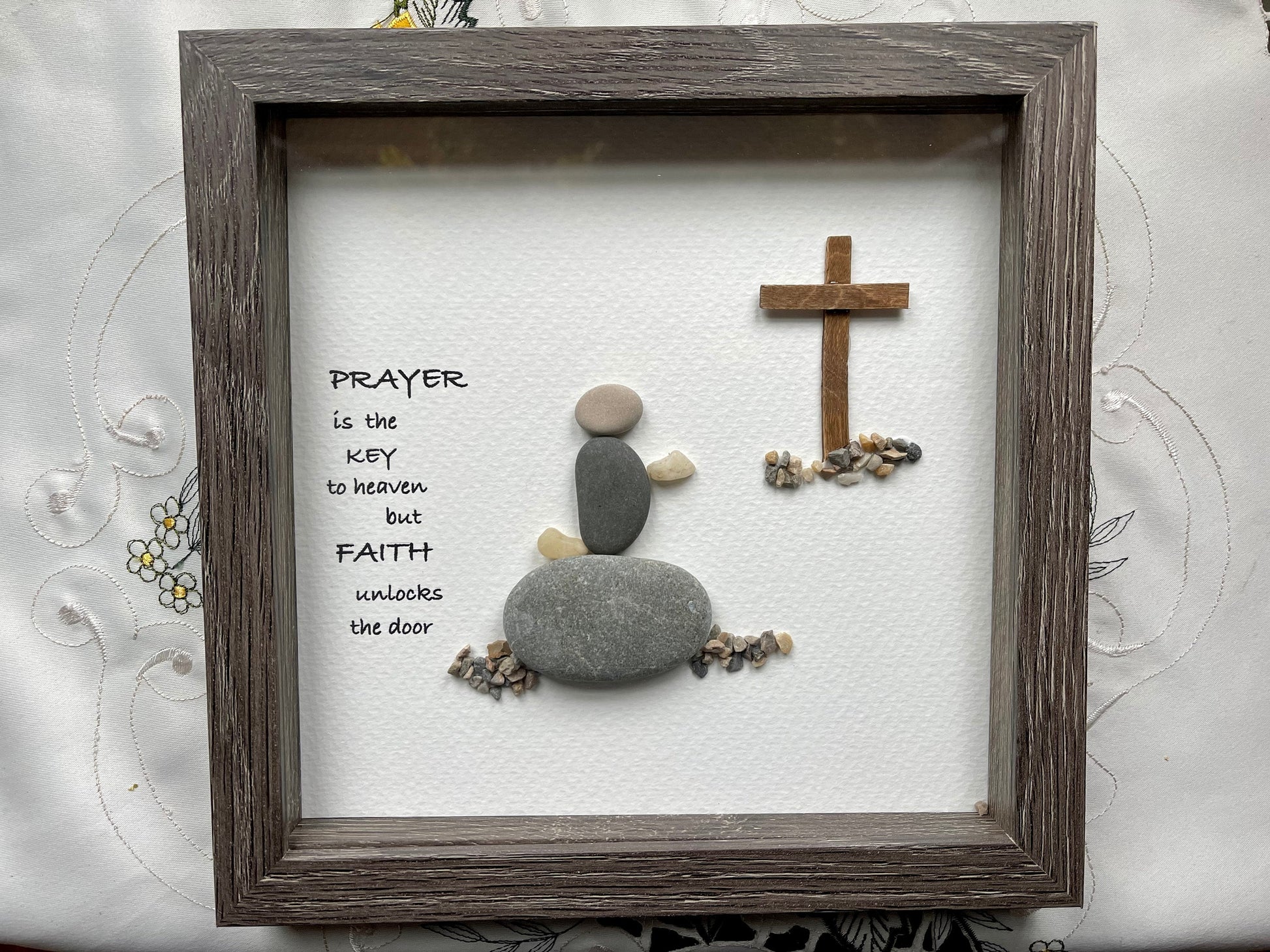 Sea Glass Pebble Art, Pebble Art Cross, Gift for Her, Religious Gift, Seaglass Picture, Prayers