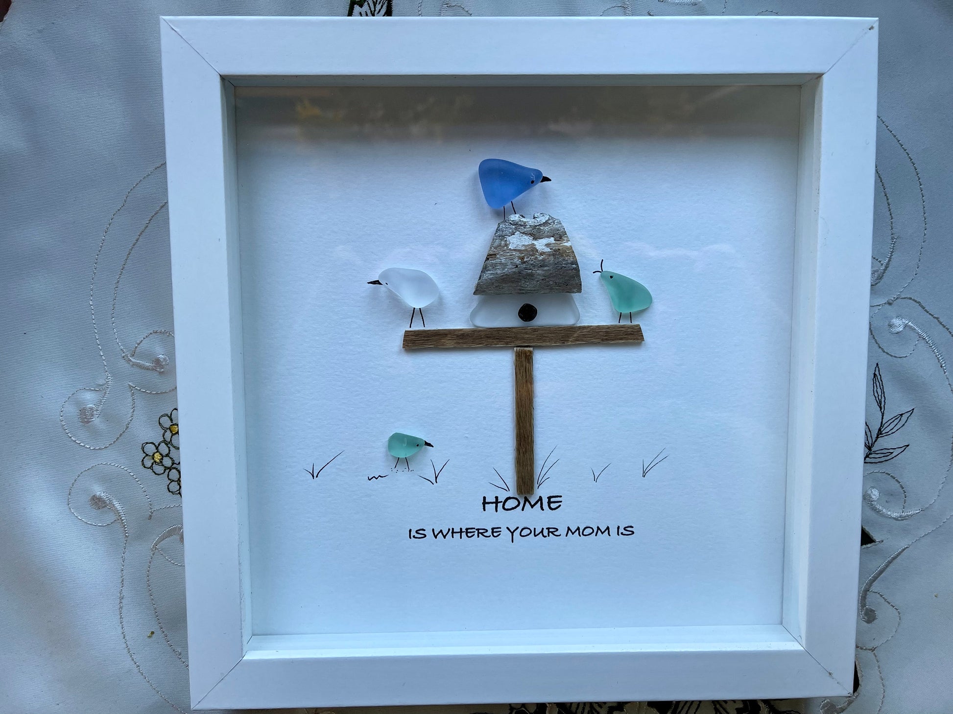 Sea Glass Pebble Art, Pebble Art Flowers, Gift for Mom, Mothers Day Gift, Seaglass Picture, Home is Where Mom Is