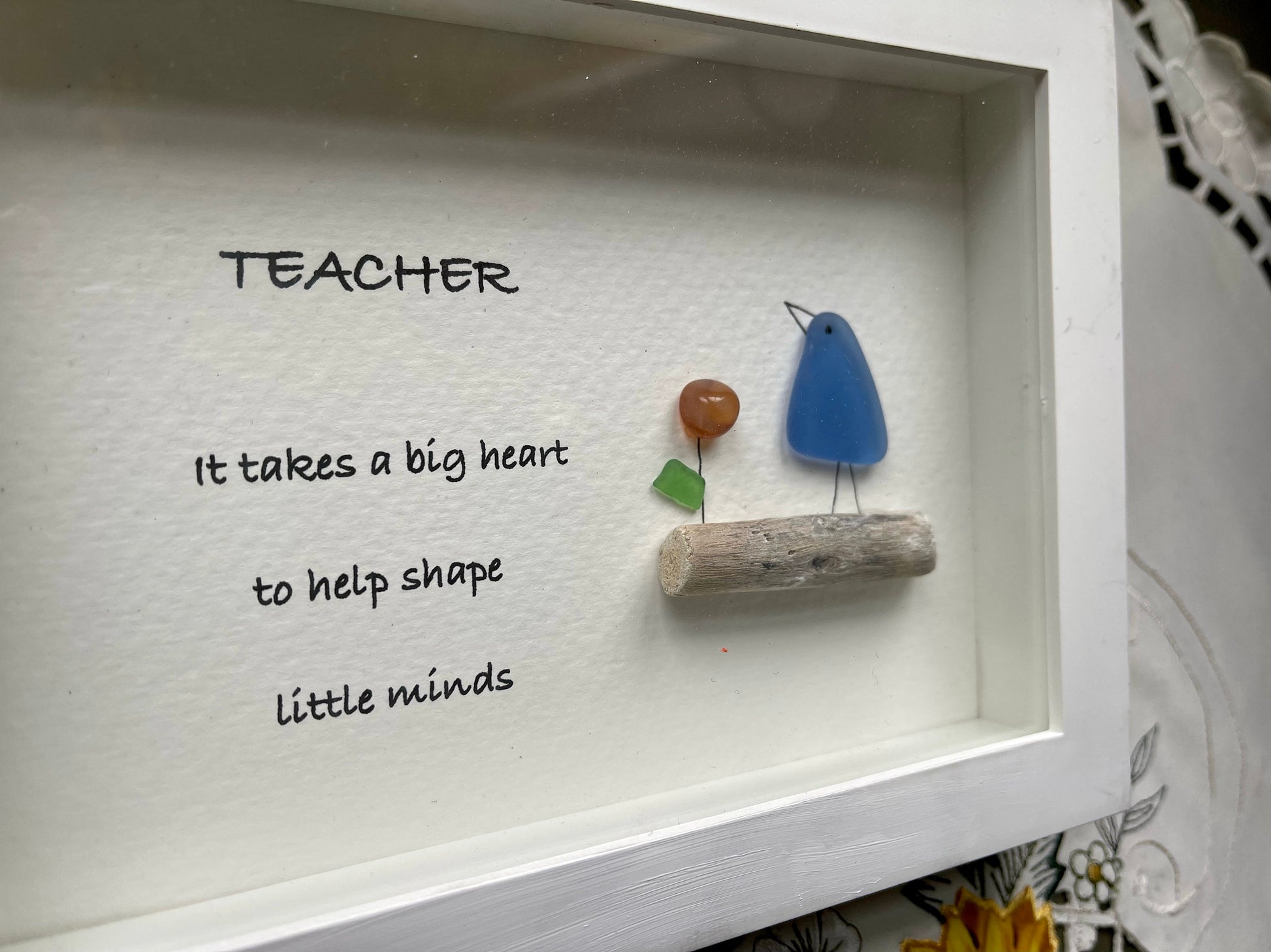 Sea Glass Pebble Art, Pebble Art Flower, Gift for Teacher, Friendship Gift, Seaglass Picture, Teacher Gift