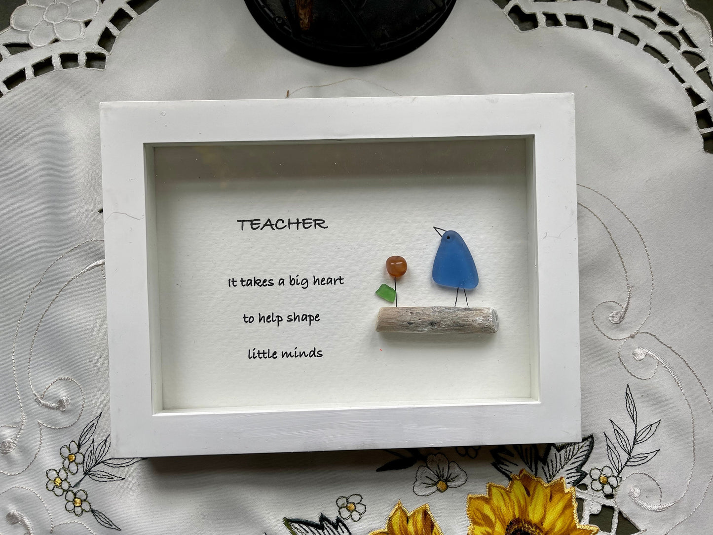 Sea Glass Pebble Art, Pebble Art Flower, Gift for Teacher, Friendship Gift, Seaglass Picture, Teacher Gift