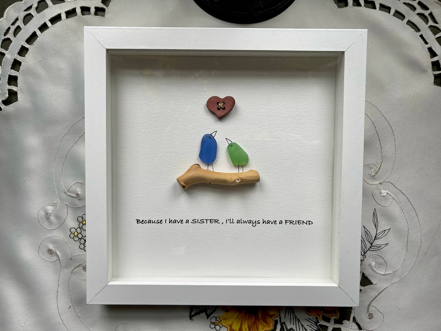 Sea Glass Pebble Art, Pebble Art Flowers, Gift for Her, Sister Gift, Seaglass Picture, Family Is Forever