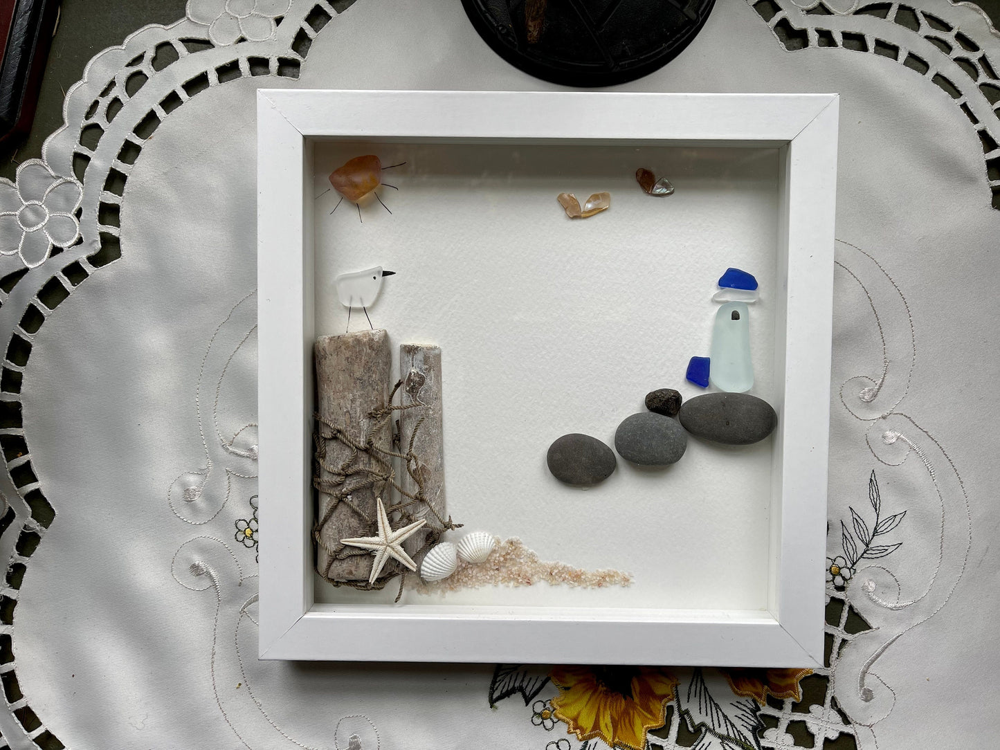 Sea Glass Pebble Art, Pebble Art Lighthouse, Gift for Her, Seaglass Picture, Coastal Artwork