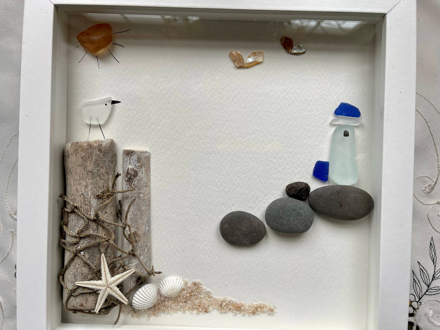 Sea Glass Pebble Art, Pebble Art Lighthouse, Gift for Her, Seaglass Picture, Coastal Artwork