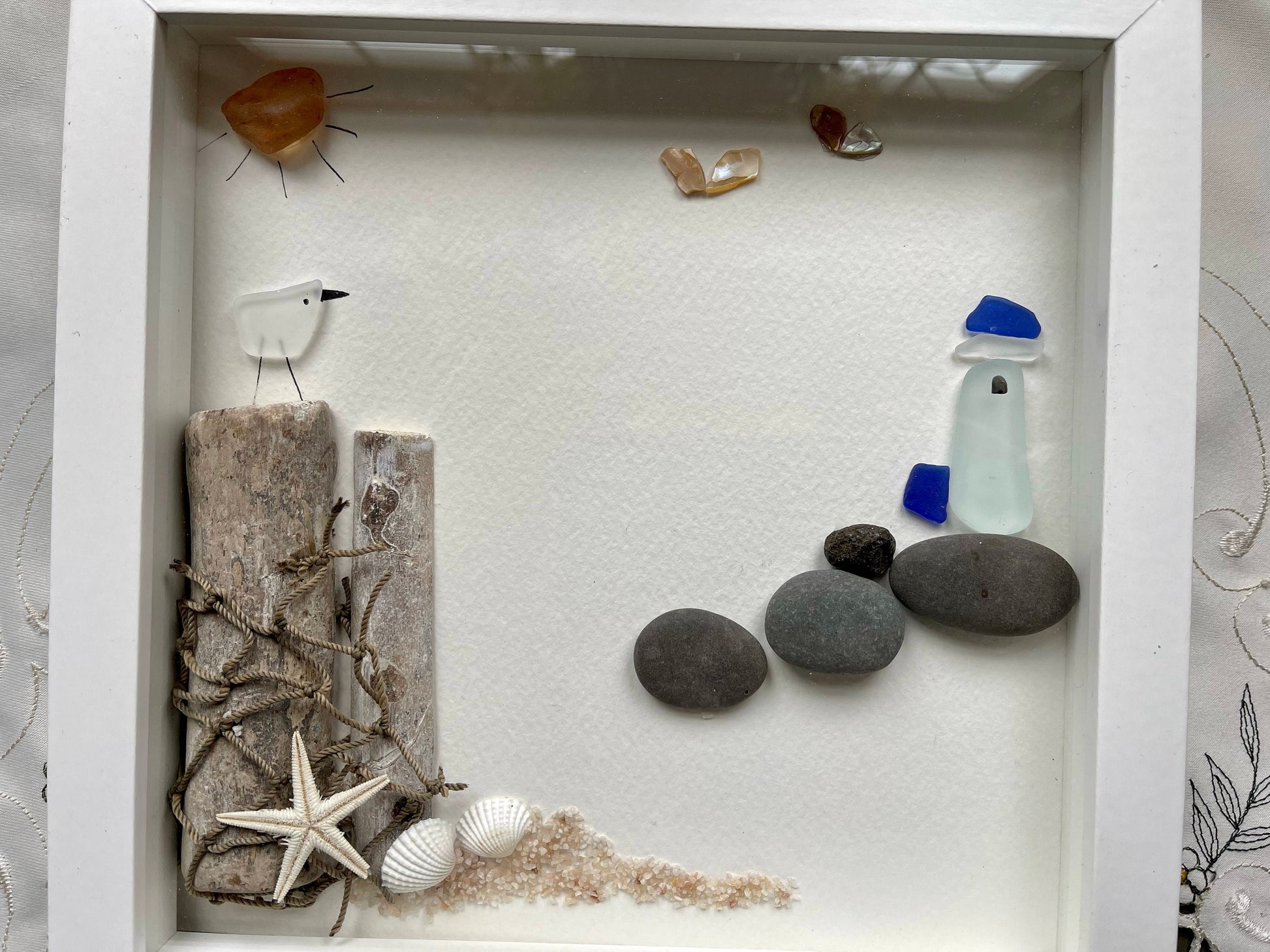 Sea Glass Pebble Art, Pebble Art Lighthouse, Gift for Her, Seaglass Picture, Coastal Artwork