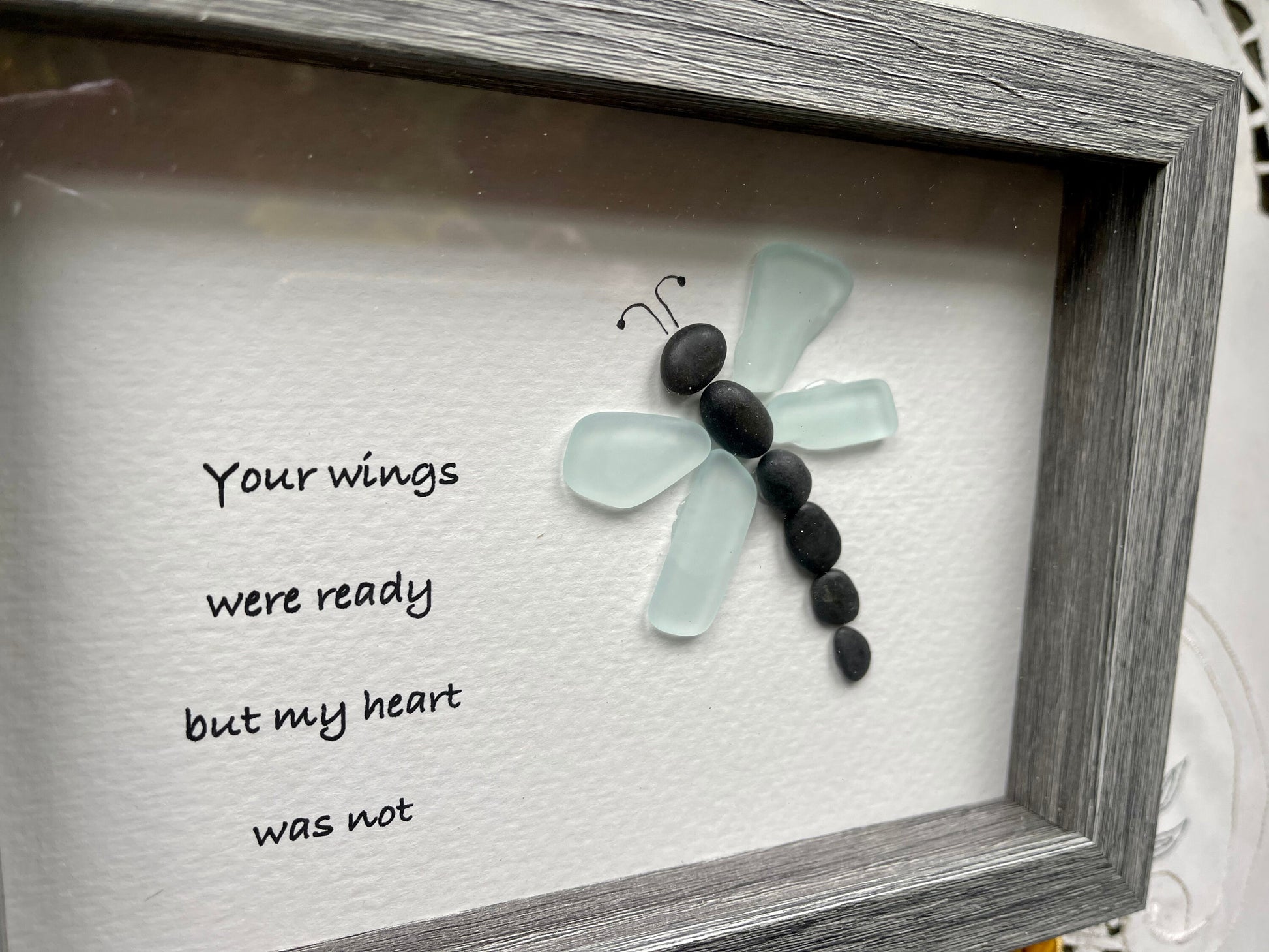 Sea Glass Pebble Art, Pebble Art Dragon Fly, Gift for Her, Friendship Gift, Seaglass Picture, Always In My Heart