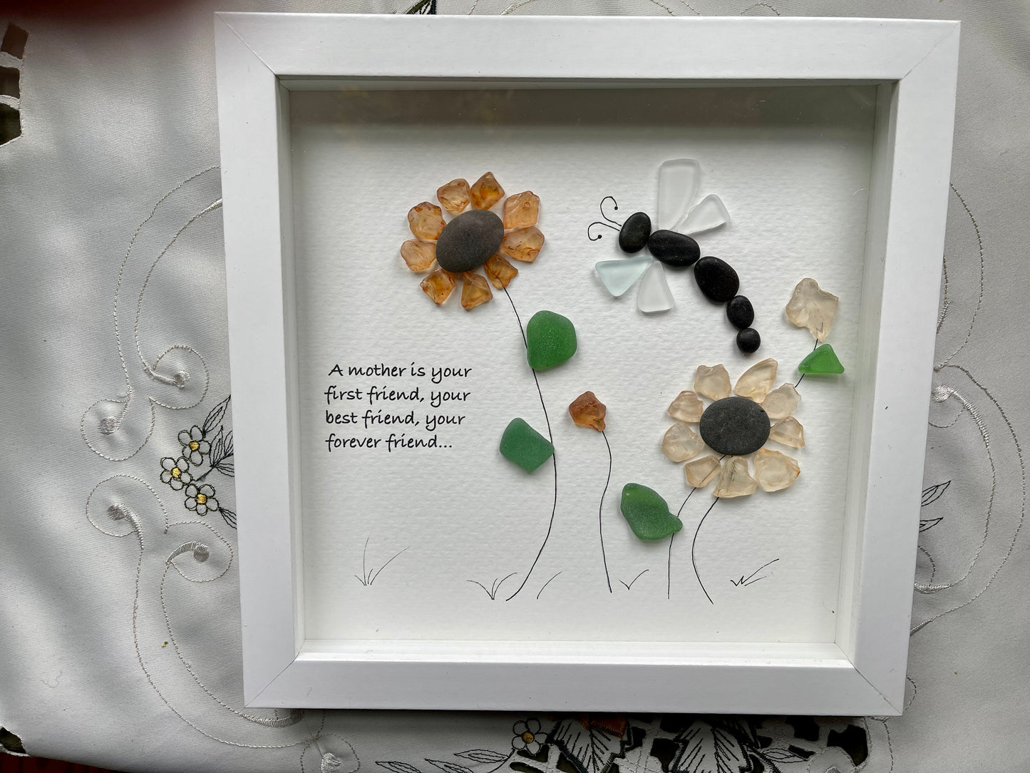Sea Glass Pebble Art, Pebble Art Flowers, Gift for Mom, Mothers Day Gift, Seaglass Picture, Mother and Friend