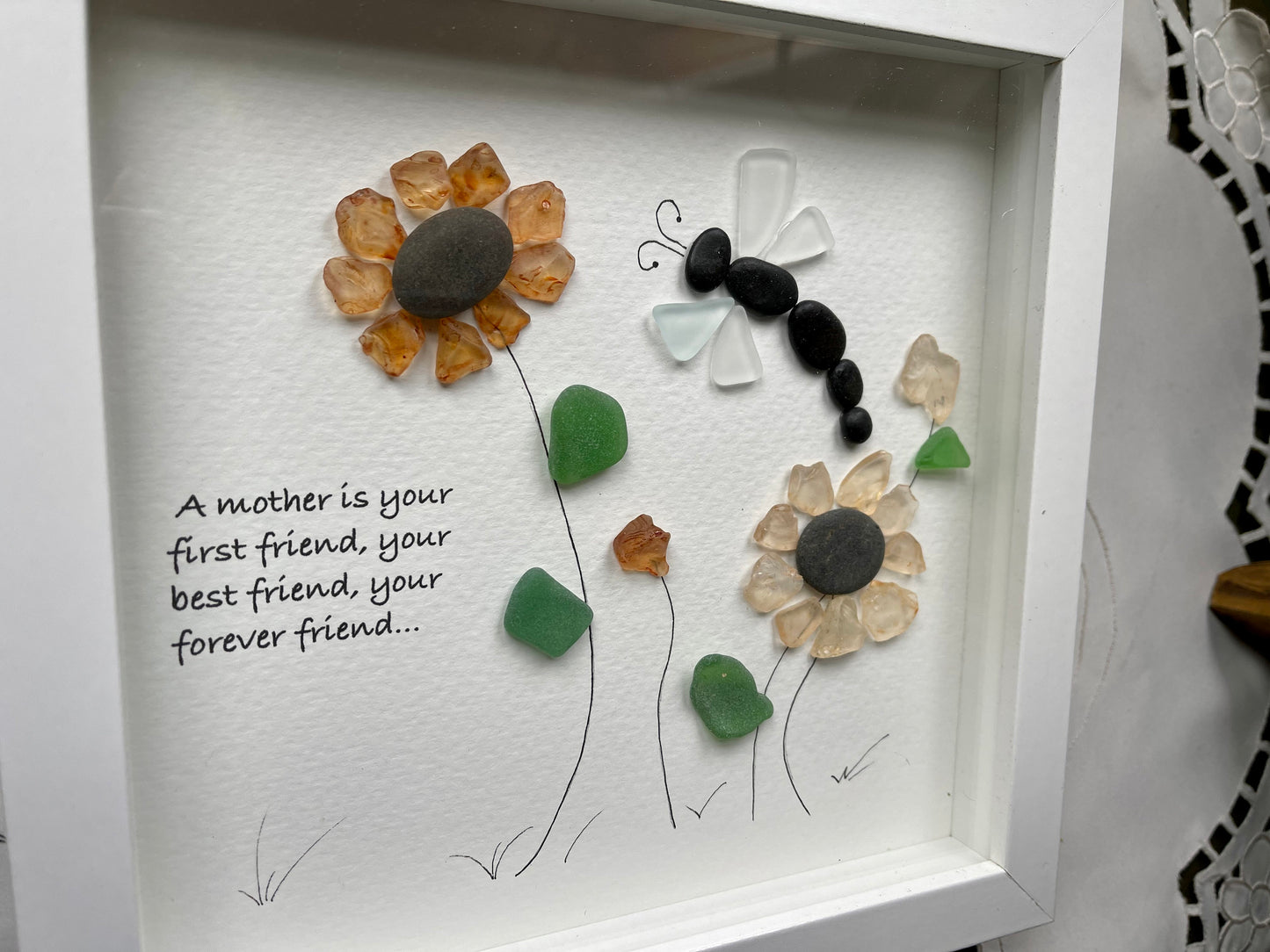 Sea Glass Pebble Art, Pebble Art Flowers, Gift for Mom, Mothers Day Gift, Seaglass Picture, Mother and Friend