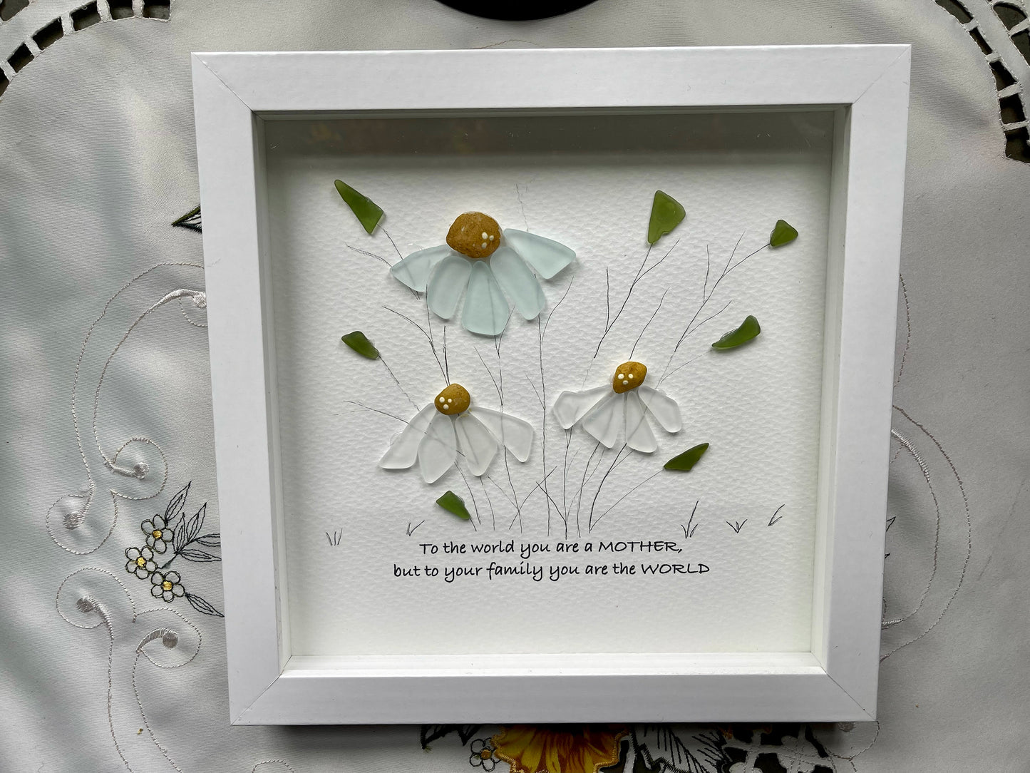 Sea Glass Pebble Art, Pebble Art Flowers, Gift for Mom, Mothers Day Gift, Seaglass Picture, Mother and Friend