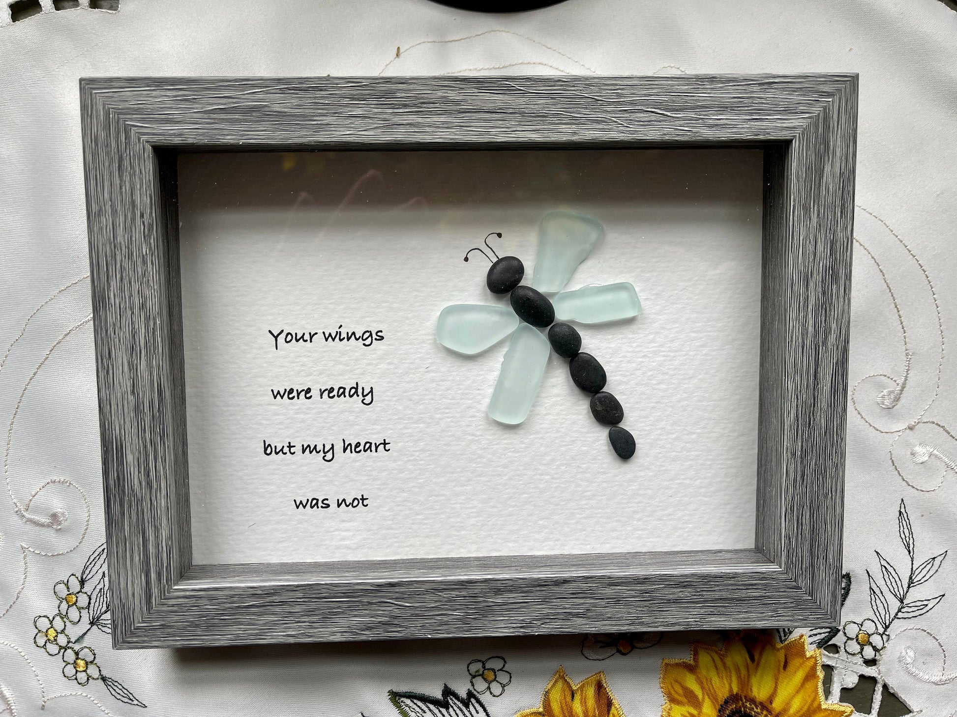 Sea Glass Pebble Art, Pebble Art Dragon Fly, Gift for Her, Friendship Gift, Seaglass Picture, Always In My Heart
