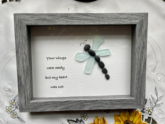 Sea Glass Pebble Art, Pebble Art Dragon Fly, Gift for Her, Friendship Gift, Seaglass Picture, Always In My Heart