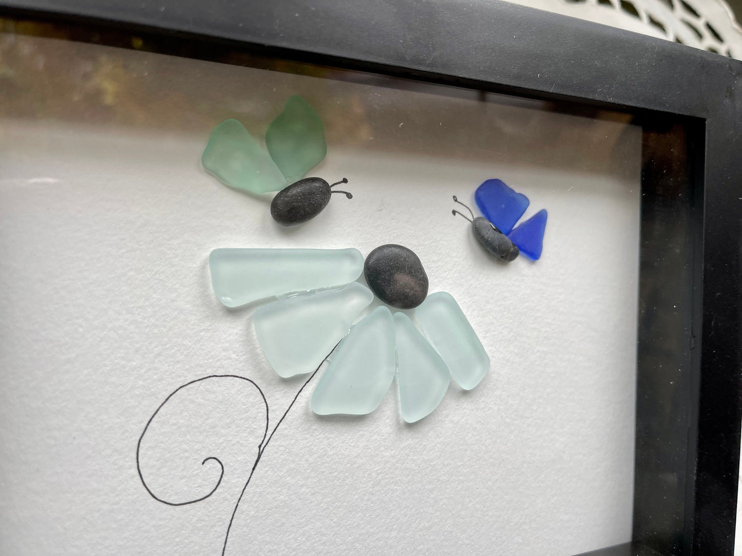 Sea Glass Pebble Art, Pebble Art Flowers, Gift for Her, Friendship Gift, Seaglass Picture, Butterflies