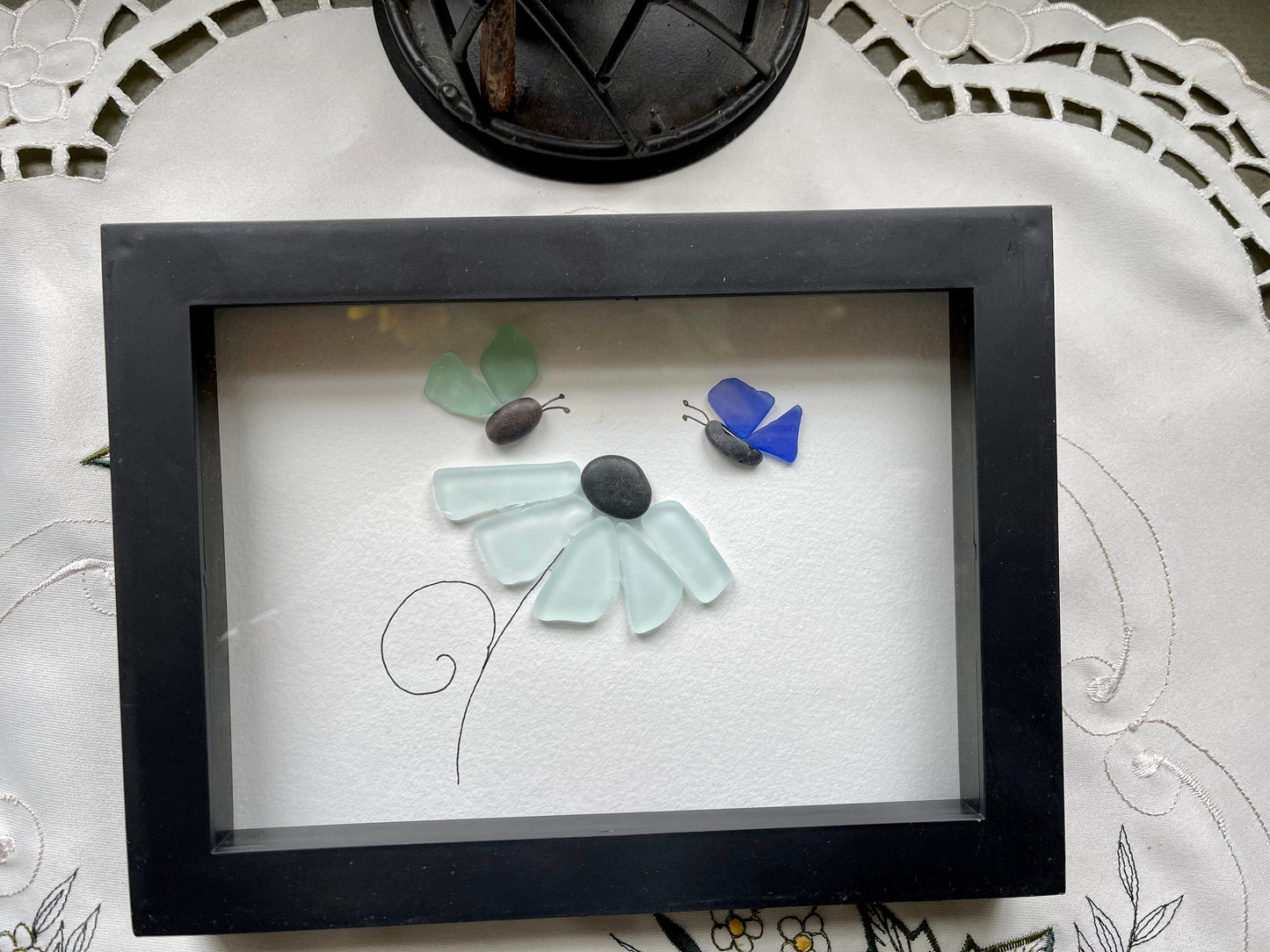 Sea Glass Pebble Art, Pebble Art Flowers, Gift for Her, Friendship Gift, Seaglass Picture, Butterflies