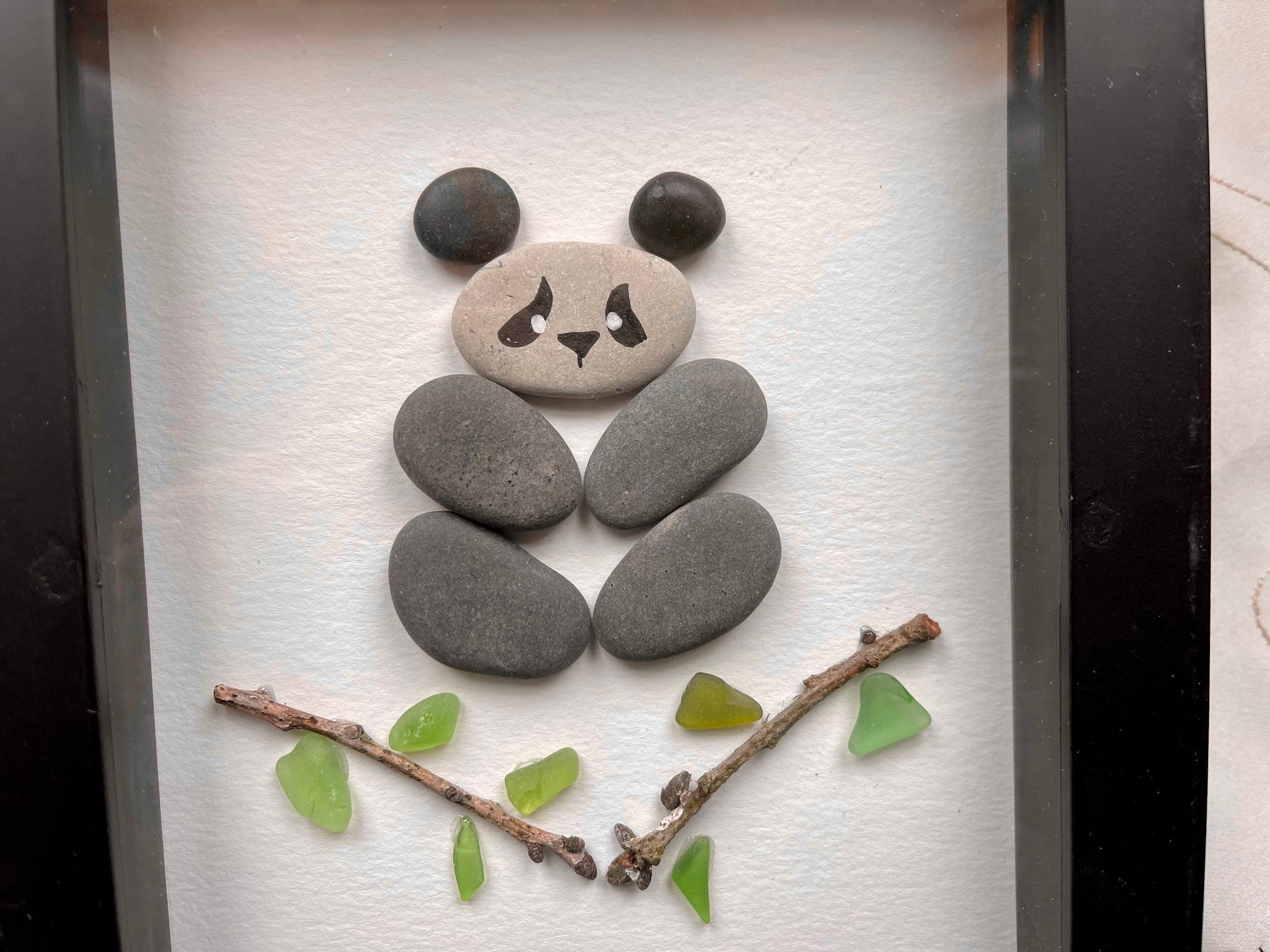 Sea Glass Pebble Art, Pebble Art Panda Bear, Gift for Animal Lover, Friendship Gift, Seaglass Picture
