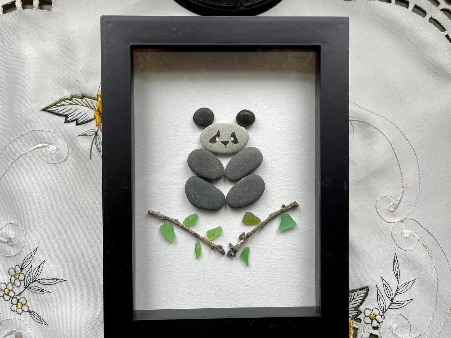 Sea Glass Pebble Art, Pebble Art Panda Bear, Gift for Animal Lover, Friendship Gift, Seaglass Picture