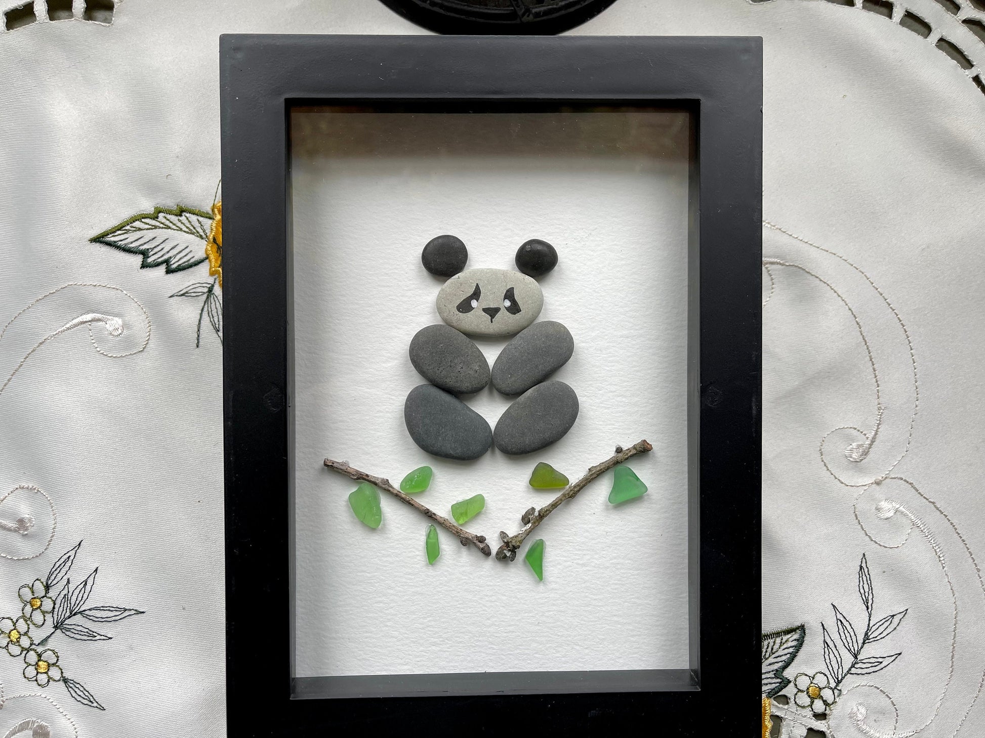 Sea Glass Pebble Art, Pebble Art Panda Bear, Gift for Animal Lover, Friendship Gift, Seaglass Picture