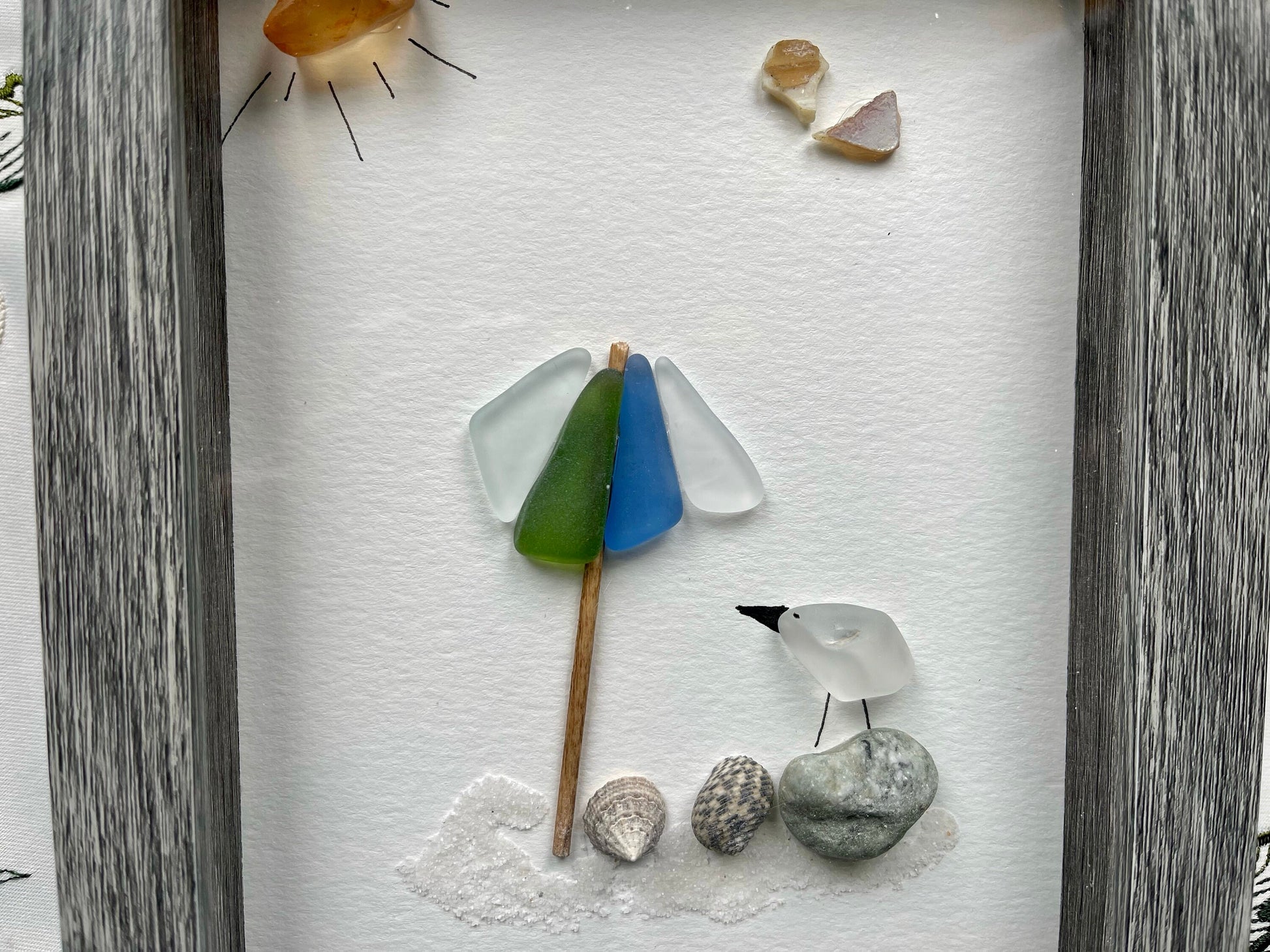 Sea Glass Pebble Art: Beach Umbrella Scene, Friendship Gift