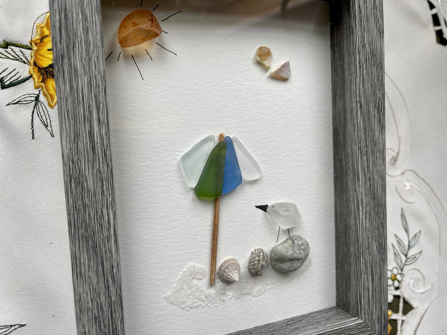 Sea Glass Pebble Art: Beach Umbrella Scene, Friendship Gift