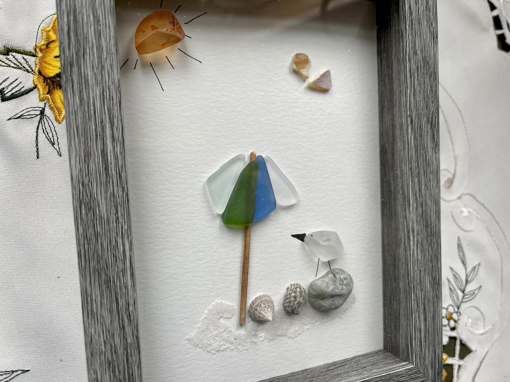 Sea Glass Pebble Art: Beach Umbrella Scene, Friendship Gift