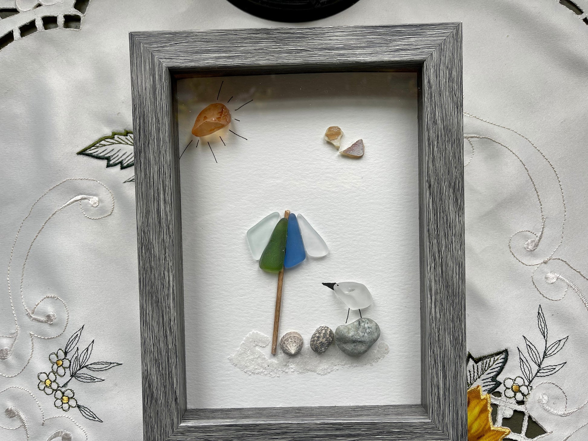 Sea Glass Pebble Art: Beach Umbrella Scene, Friendship Gift