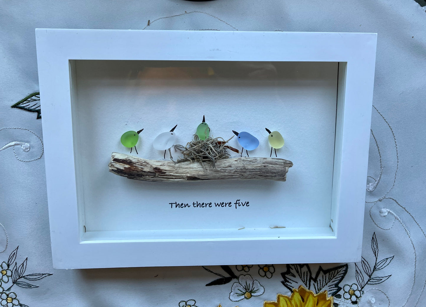 Sea Glass Pebble Art, Pebble Art Birds, Gift for Her, Friendship Gift, Seaglass Picture, Family Gift, Family Of Five