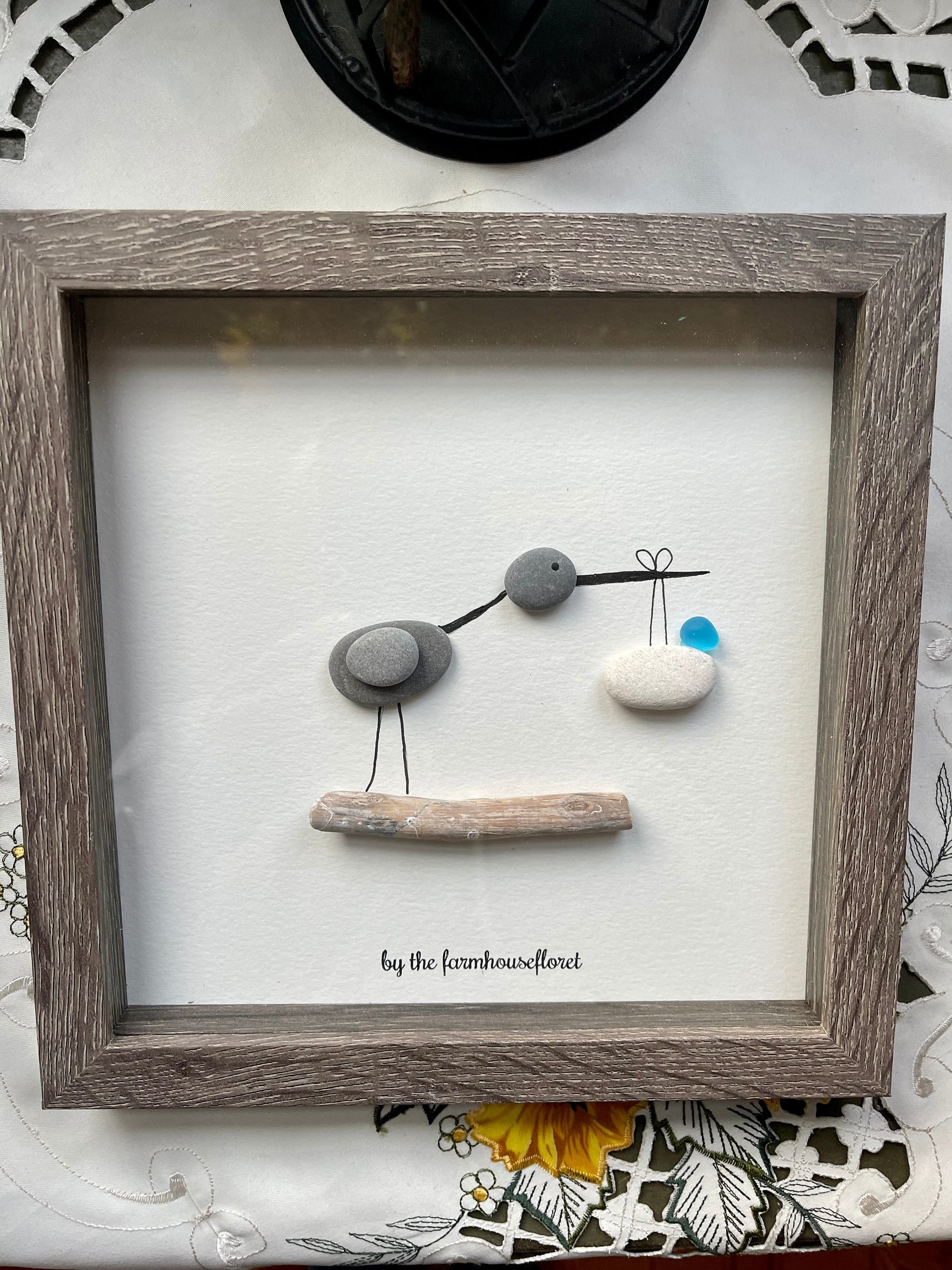Sea Glass Pebble Art, Pebble Art Stork, Gift for Her, New Mom Gift, Seaglass Picture, Baby Shower Gift, Expectant Parents
