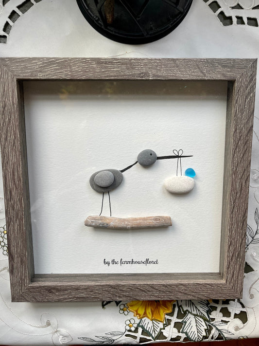 Sea Glass Pebble Art, Pebble Art Stork, Gift for Her, New Mom Gift, Seaglass Picture, Baby Shower Gift, Expectant Parents