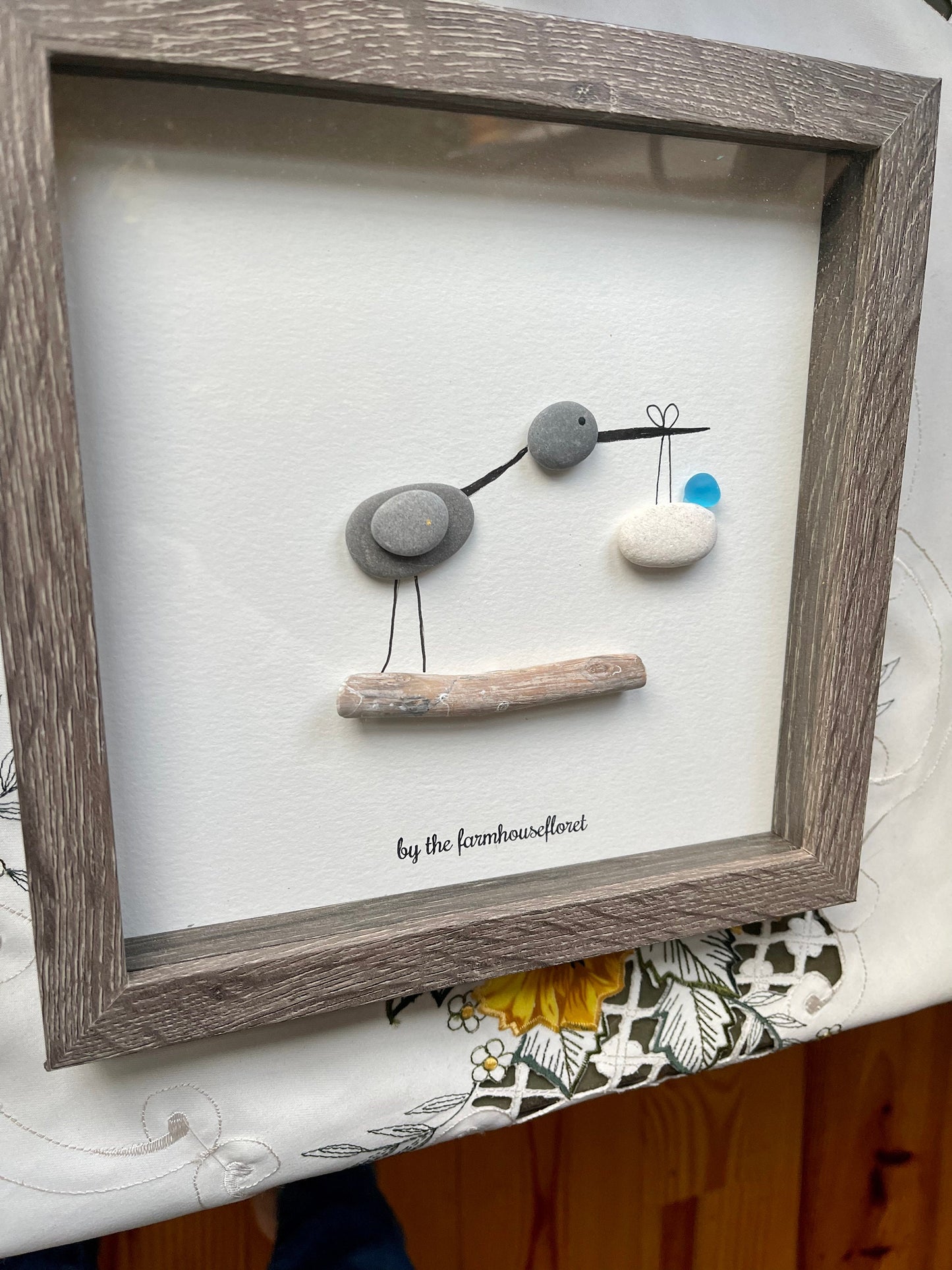 Sea Glass Pebble Art, Pebble Art Stork, Gift for Her, New Mom Gift, Seaglass Picture, Baby Shower Gift, Expectant Parents