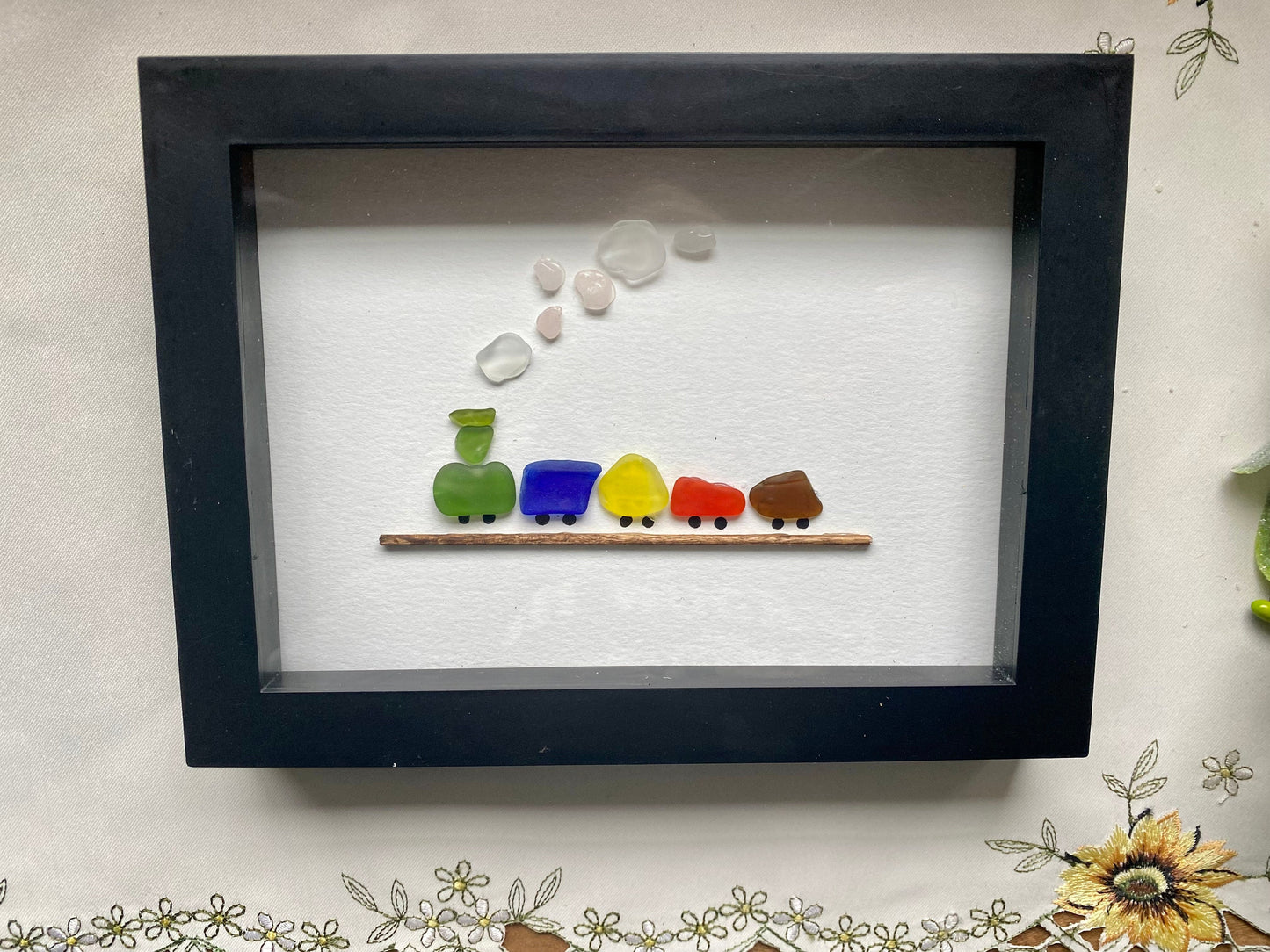 Sea Glass Pebble Art, Pebble Art Train, Baby Shower Gift for Little Boy, Playroom Decor, Seaglass Picture, Sea Glass Choo Choo Train