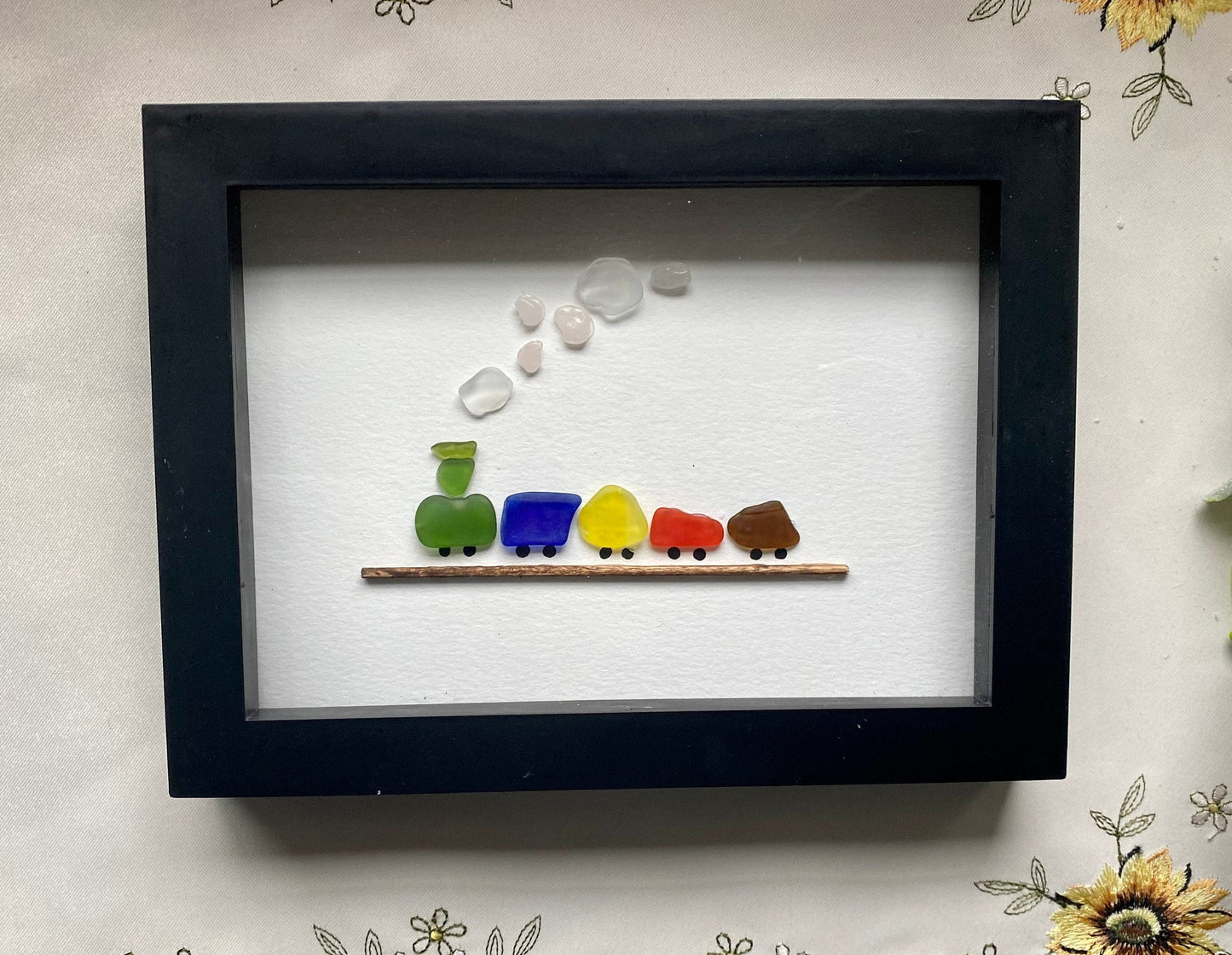 Sea Glass Pebble Art, Pebble Art Train, Baby Shower Gift for Little Boy, Playroom Decor, Seaglass Picture, Sea Glass Choo Choo Train